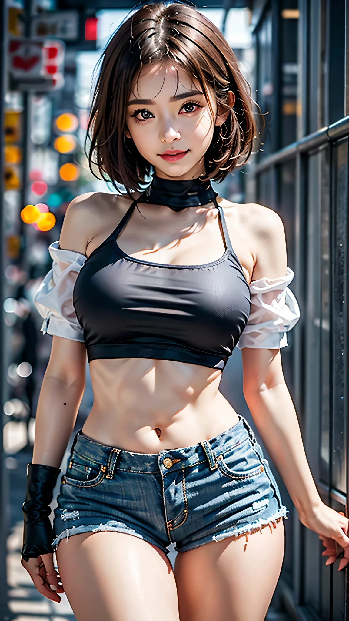 Gravure photography， Full body photo of girl，（Short camisole vest）， 独奏， （（Hard））， realisticlying（face， Body， highdetailskin， skin pore）， （：0.88）， Detailed brown eyes， Blushlush， a black choker， 耳Nipple Ring， （Messy Bob hair）， （Pink shorts hot pants）， shiny pink lips， closeup cleavage， （smile eyes：0.375）， （（grinning smile：1.125））， depth of fields， exteriors， vague background， eyes focus， （NSFW：1.16），