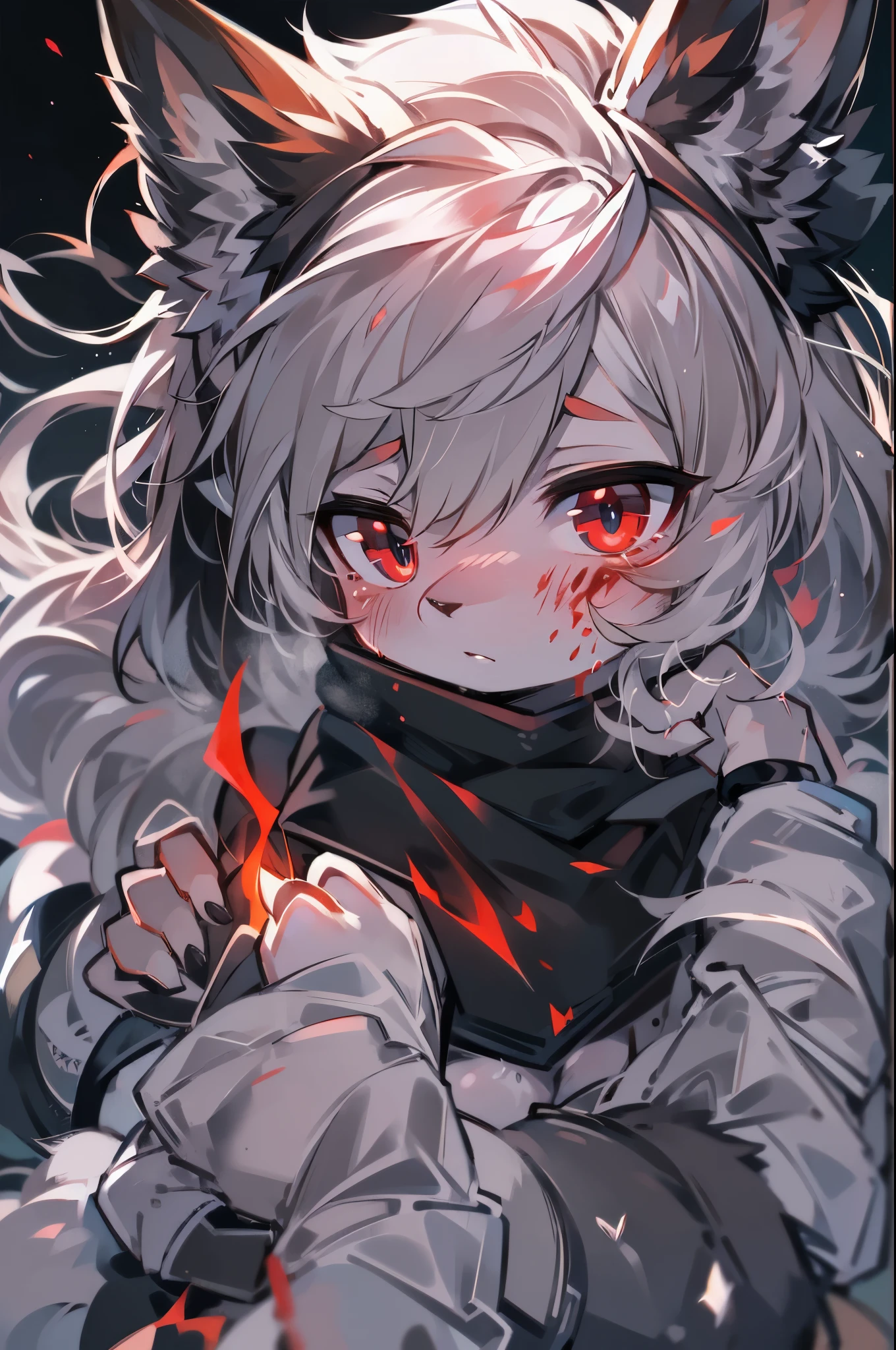 (best quality, high resolution, ultra-detailed:1.2), bright eyes, focused on the character, solitarily, kitsune, mythical fox, intense red eyes, black ears, sleek black fur, fluffy tail, black tail, beautiful night sky, droopy ears, melancholic expression, blood inside the belly, left hand placed on the belly, right hand gripping a flame sword, illustration, smooth surface, intricate background elements, vibrant colors, realistic lighting, sharp focus, concept artist, portrait style, dark and melancholic tone