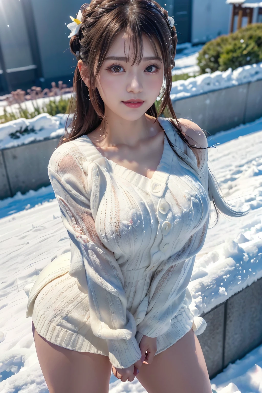 (Make your subject look three-dimensional with the contrast of light and shadow),(((With the sunset in the background))),(((standing on a snowy mountain in winter:1.3))),cute and beautiful adult woman,cute smile,with blushing cheeks,red lips,(((off-white knit jumper dress:1.3))),black stockings,Knee-high boots,(silvery hair,floral braided headband,half up、floral braided space bun,voluminous fishtail braid,Twisted pan,),(The bangs are see-through bangs),hairpin,hair ornaments,(((emphasize the chest:1.3))),Breast flick,Detailed clothing characteristics,Detailed characteristics of hair,detailed facial features,(dynamic angle),(dynamic and sexy pose),professional lighting,cinematic light,(highest quality,Ultra high resolution output image,) ,(8K quality,Depth of the bounds written,Anatomically accurate facial structure,),(sea art 2 mode:1.3),(Image mode Ultra HD,),(3D Realistic Photography:1.3)