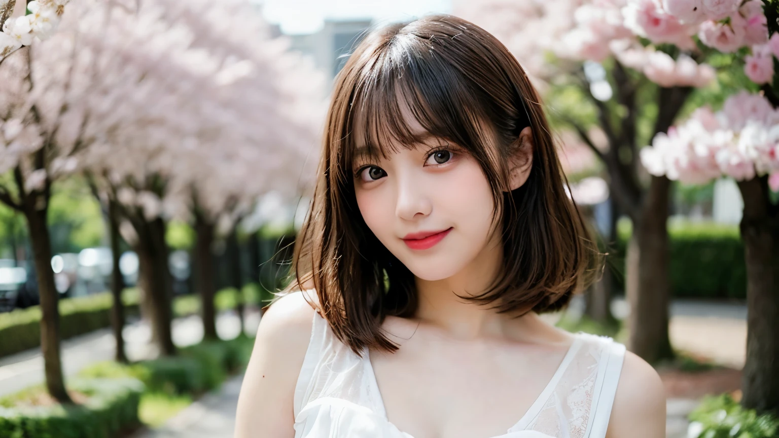 table top, highest quality, shape, Super detailed, finely, High resolution, 8k wallpaper, 完璧なダイナミックな構shape, finelyて美しい目, Wearing a white dress,medium hair,natural color lip, smile,Harajuku、teenage girl、cute、looking at the camera、C cup、brown hair、Blurred cherry blossom background
