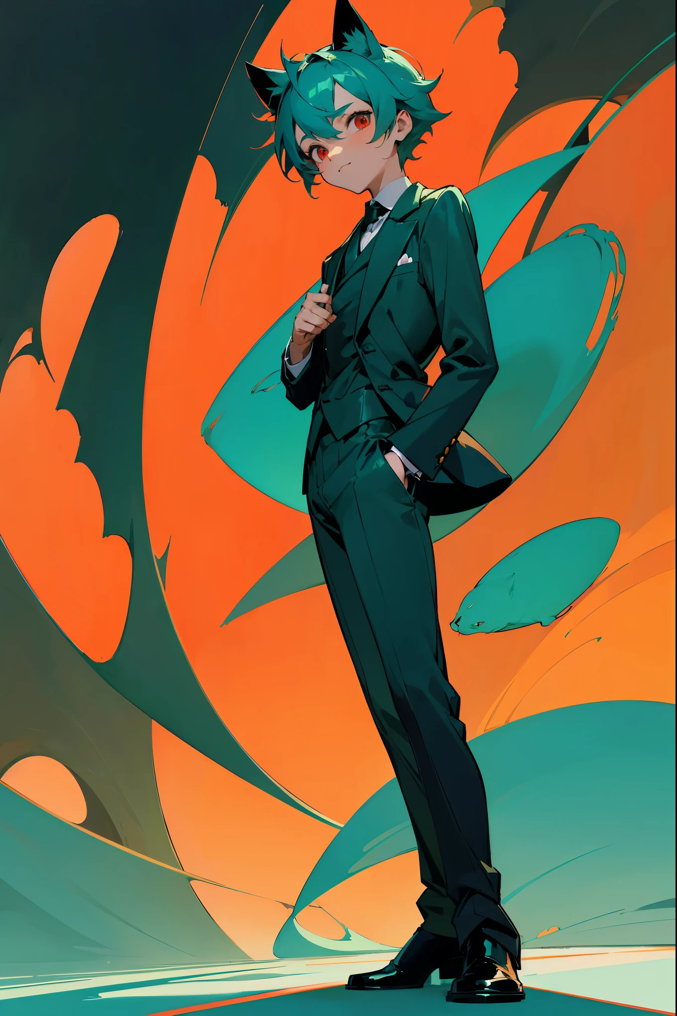 1male, ???, young, teal, teal hair, cat boy, cat ears, teal skin, white and black suit, pant suit, red eyes, (guild hall background), detailed background, standing on path, happy