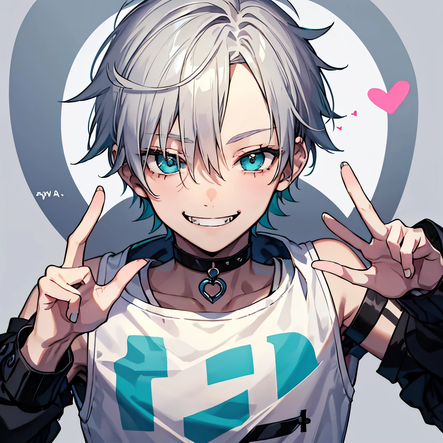 a boy, happy, punk fashion, evil smiling, wink, making a peace sign, very short hair, gray hair, aqua eyes, droopy eyes, tanned skin, choker, boyish