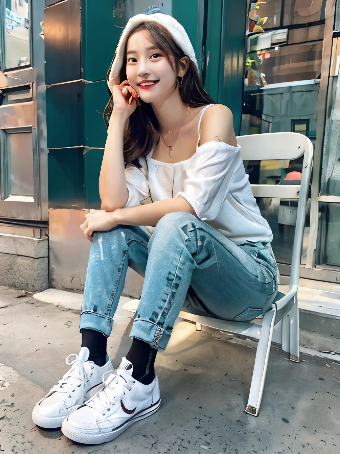 beautiful detailed eyes、delicate beautiful face,、hoodie、skinny denim、sneakers、wearing socks、socks slightly visible through shoes、black hair、hat、refreshing smile、smile showing teeth、full body photo、