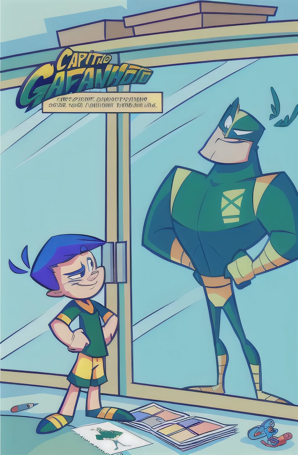 desenho de um em frente a um espelho, comic book inside page, quadrinhos cevagraf, Hero 2d Fanart Artsation, Bizzare Aventuras de Jojo, inspirado em Steve Argyle, sombreamento celular:15, O personagem's name is chad, capa de quadrinhos, comic page, comic card style, cga, capa de quadrinhos