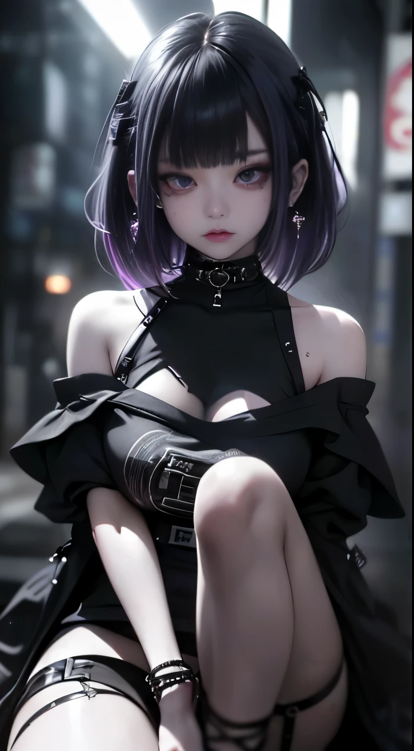 4K - ultra-vivid、highest quality, masterpiece, ultra high resolution, (reality: 1.4),  16 year old girl, purple eyes, Off-the-shoulder sweater dresses, cinematic lighting、purple and black hair、(Mine Girl、goth makeup、my makeup)、(earrings、big breasts、Oversized black T-shirt with open shoulders、Dark mini skirt)、((dark makeup、oil skin,glowing skin、realistic skin texture、fine and beautiful skin、shiny skin)), nightの暗い繁華街、night、blue film photography、kabukicho、Dark Cyberpunk、(full shot:1.8)、thin legs、thin arms、thin shoulders、thin waist、slender body、big breasts、whole body、(JAV cover: 1.8)
