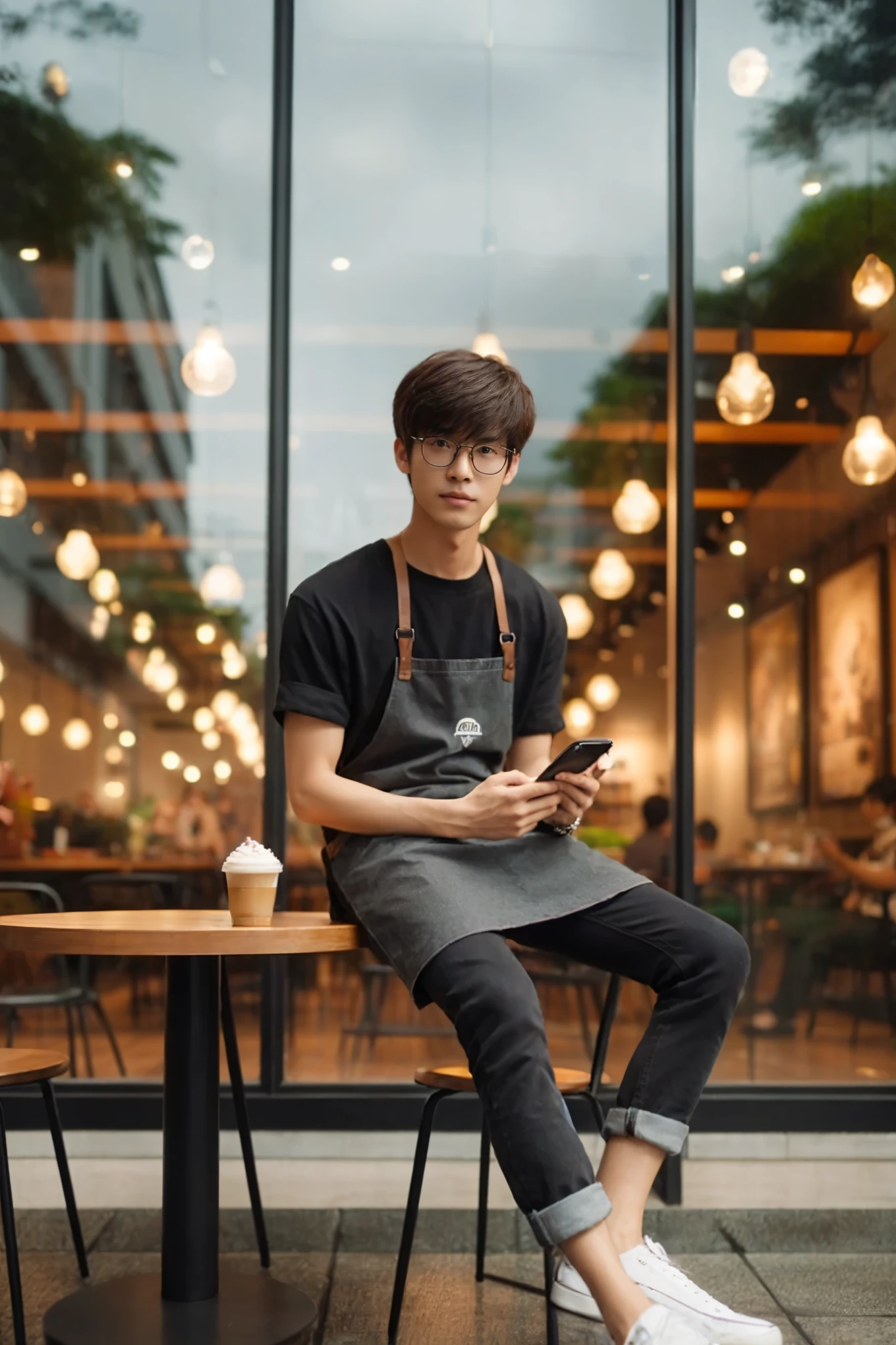 arafed man sitting at a table with a cell phone, sitting in a cafe alone, south korean male, sitting alone in a cafe, standing in a restaurant, male ulzzang, sitting in a cafe, mid shot portrait, android coffee shop, in a coffee shop, kim doyoung, portrait shot, high quality portrait, cai xukun