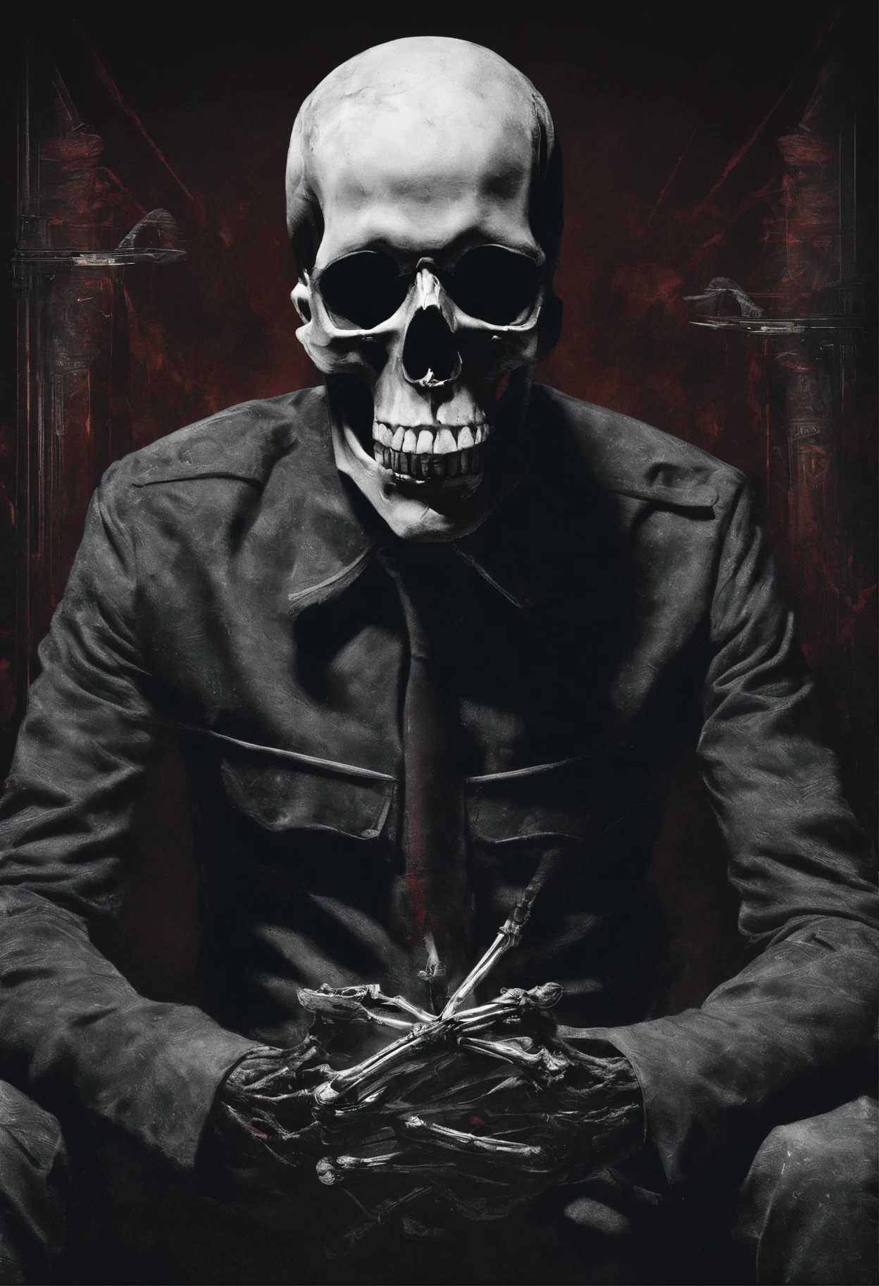 There is a skeleton, ele tem uma barba grande e um cabelo elegante, barbershop poster. It&#39;s on a red background.  He is a hairdresser, he is holding a razor in his left hand and scissors in his right hand. There&#39;s a faint smoke in your studio 