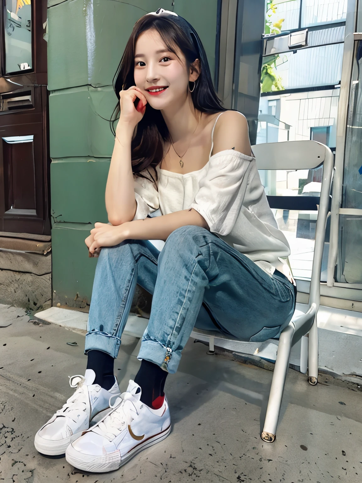 beautiful detailed eyes、delicate beautiful face,、hoodie、skinny denim、sneakers、wearing socks、socks slightly visible through shoes、black hair、hat、refreshing smile、smile showing teeth、full body photo、