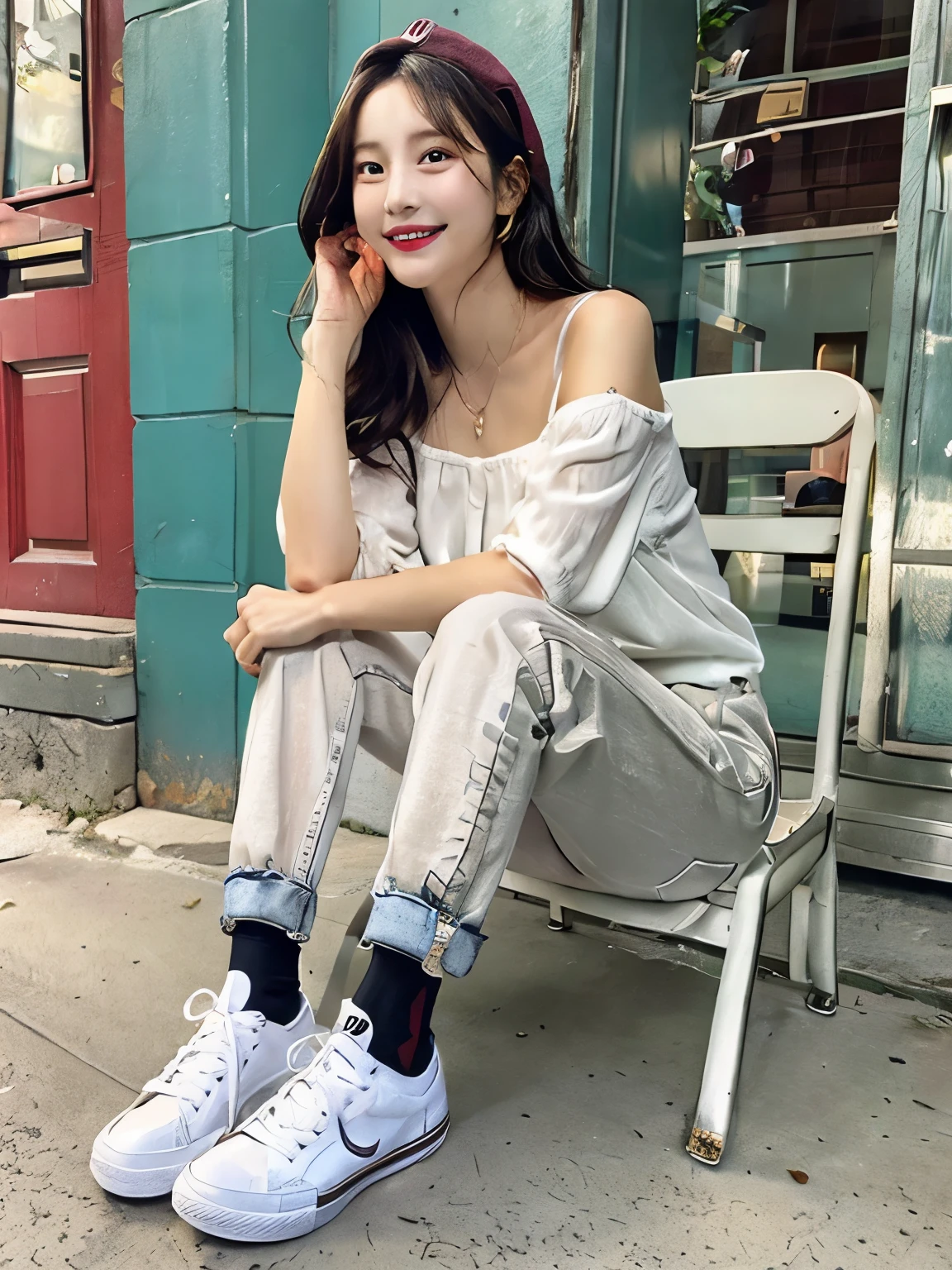 beautiful detailed eyes、delicate beautiful face,、long sleeve blouse、skinny denim、sneakers、wearing socks、socks slightly visible through shoes、black hair、hat、refreshing smile、smile showing teeth、full body photo、Hairstyle braid


