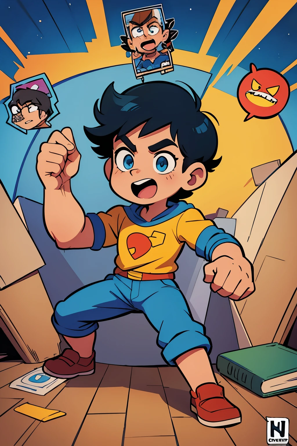 desenho de um em frente a um espelho, comic book inside page, quadrinhos cevagraf, hero 2d fanart artsation, Bizzare Aventuras de Jojo, inspirado em Steve Argyle, Cel sombreado:15, the character's name is chad, capa de quadrinhos, comic page, comic card style, cga, capa de quadrinhos