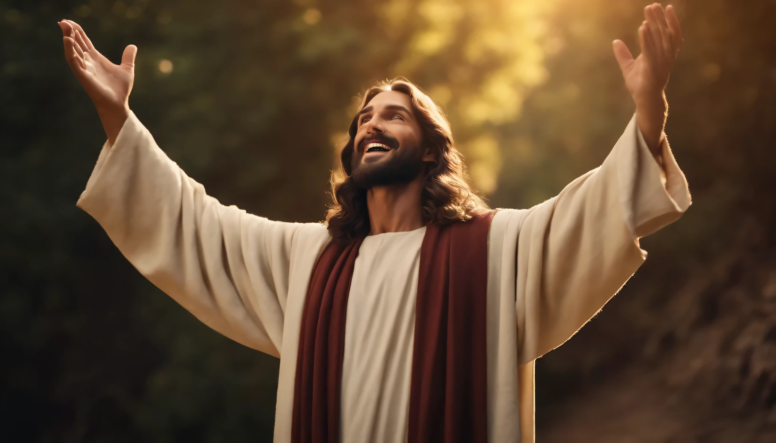 Jesucristo MIRA HACIA ARRIBA, cara feliz, , imagen centrada en sus manos, imagen ultrarrealista de 8k. The style is a realistic photograph using a 50mm lens in 8k and applying contrast --ar 1920: 1080 --en 5.2