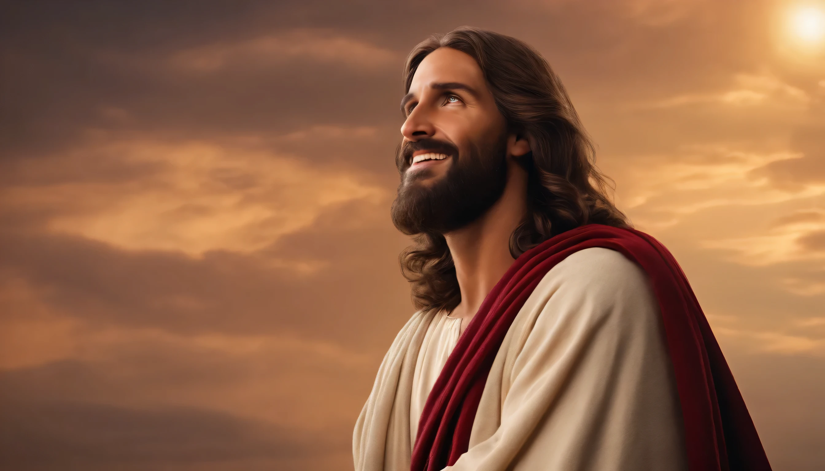 Jesucristo MIRA HACIA ARRIBA, cara feliz, , imagen centrada en sus manos, imagen ultrarrealista de 8k. The style is a realistic photograph using a 50mm lens in 8k and applying contrast --ar 1920: 1080 --en 5.2
