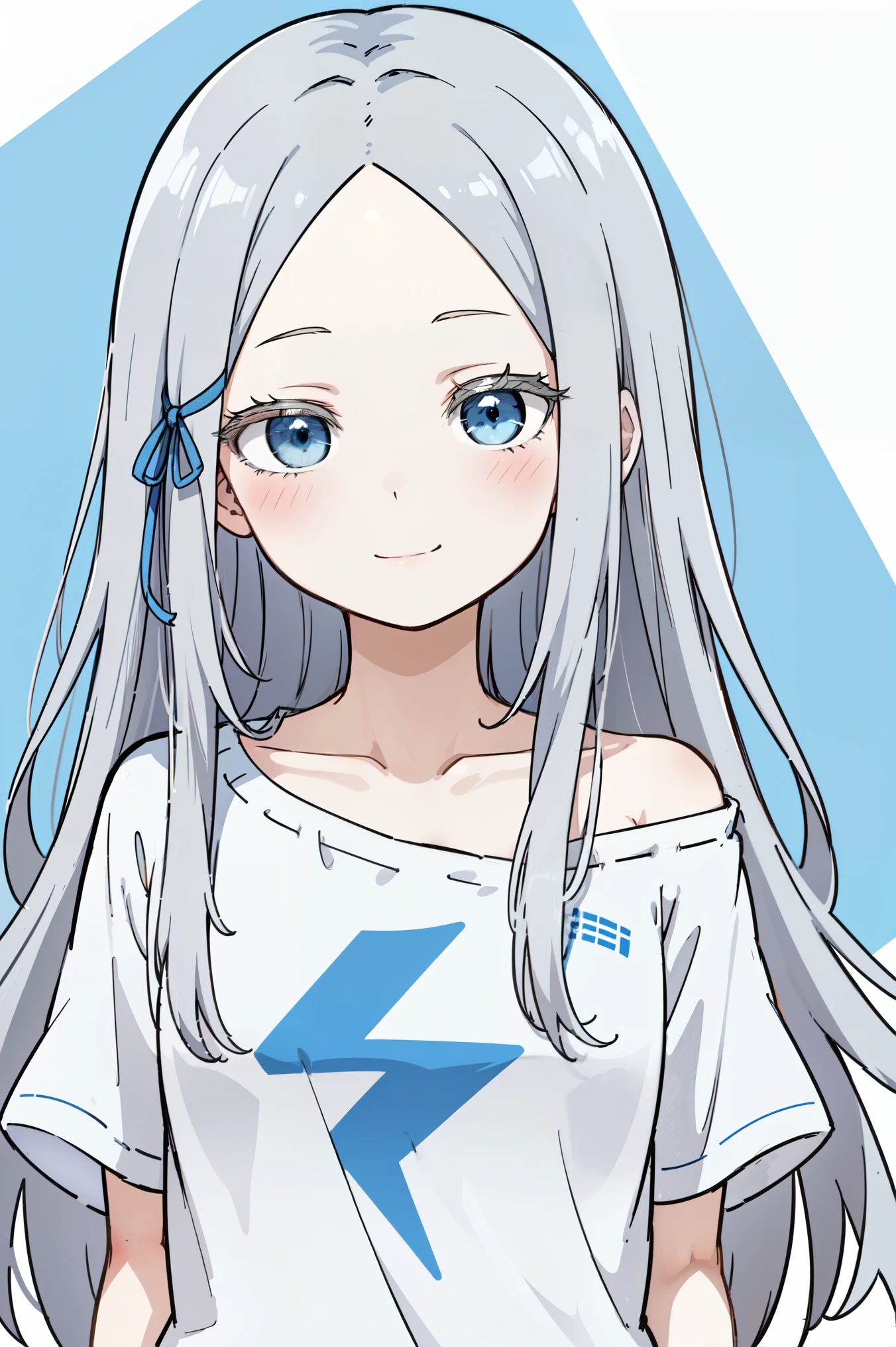 (masterpiece, best quality, ultra high quality, by quan, by mappa, sketch:1.1), ((portrait)), 1girl, solo, pandora, blue eyes, very long hair, grey hair, white hair, white eyelashes, forehead, blush, bangs, small breasts, , parted bangs, barefoot, cute smile, small smile, silly, (alternate costume), shirt, white shirt, collarbone, short sleeves, t-shirt, off shoulder, oversized shirt, naked shirt, oversized clothes,  (arms behind back), upper body, standing,, isometric lightning, white background, simple background