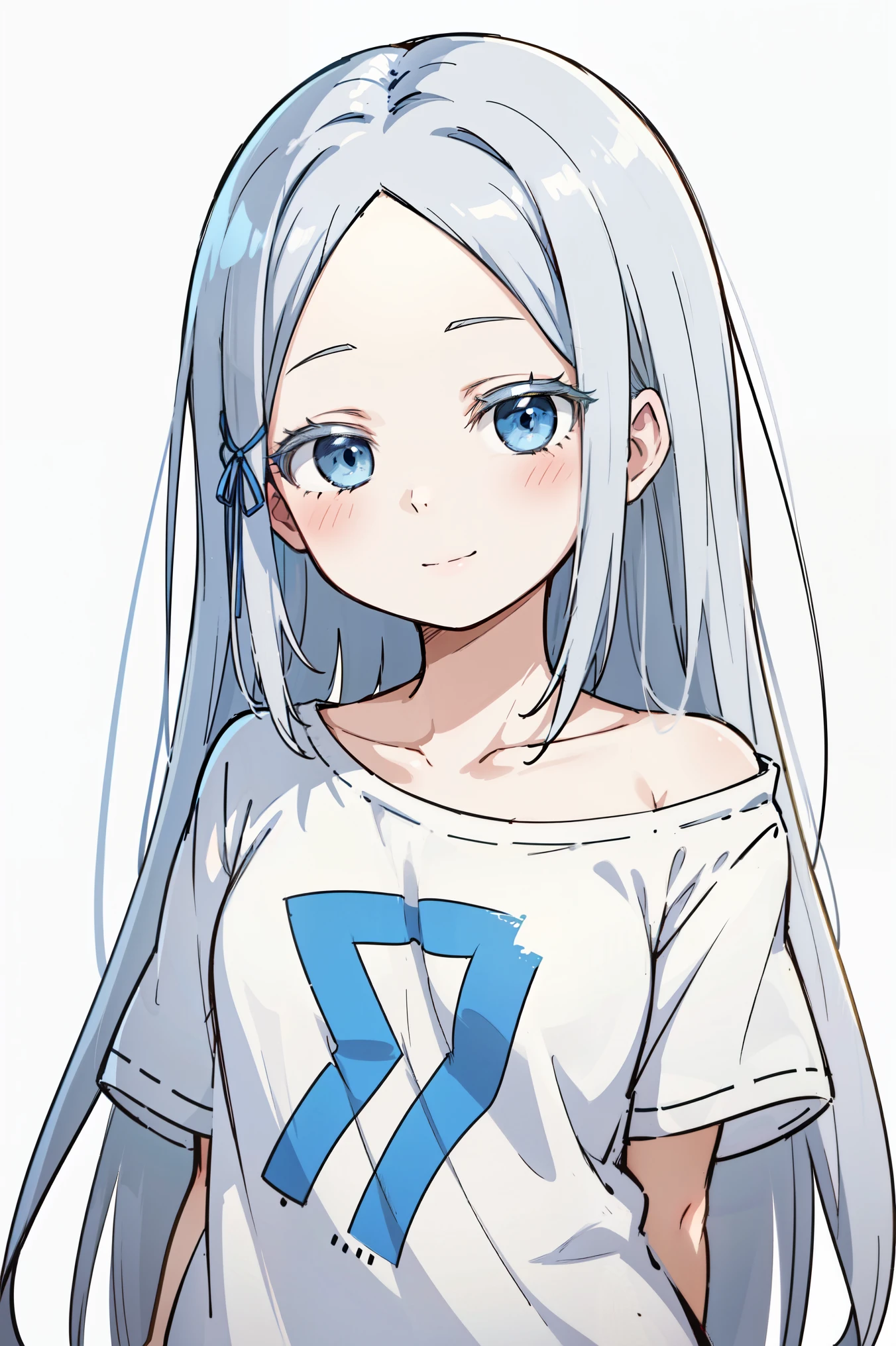 (masterpiece, best quality, ultra high quality, by quan, by mappa, sketch:1.1), ((portrait)), 1girl, solo, pandora, blue eyes, very long hair, grey hair, white hair, white eyelashes, forehead, blush, bangs, small breasts, , parted bangs, barefoot, cute smile, small smile, silly, (alternate costume), shirt, white shirt, collarbone, short sleeves, t-shirt, off shoulder, oversized shirt, naked shirt, oversized clothes,  (arms behind back), upper body, standing,, isometric lightning, white background, simple background