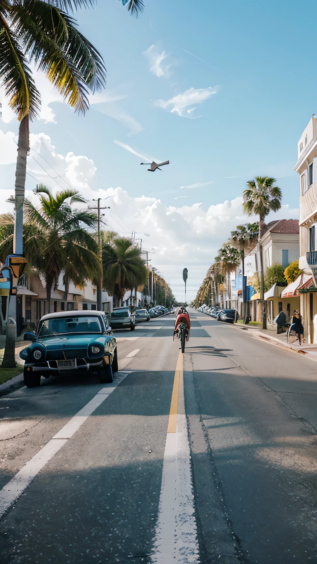 a small town in Florida minimalistic, people riding bikes, many bright birds flying, palm trees, retro cars driving