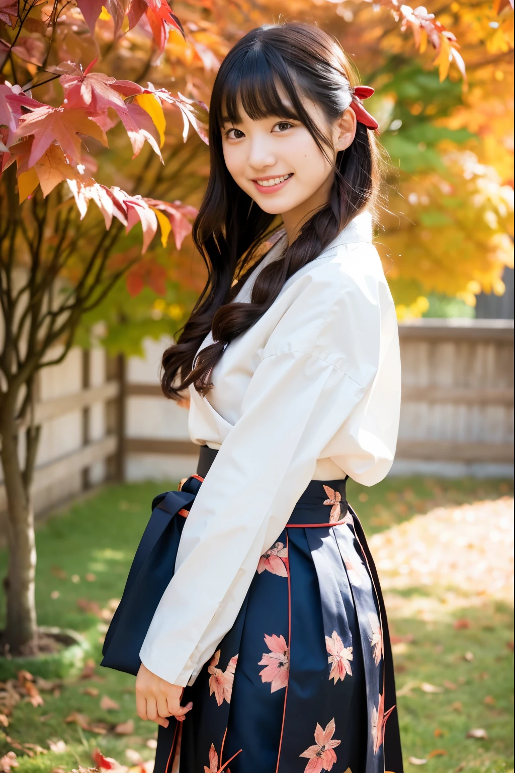 Girl in old Japanese schoolyard with autumn leaves,Very long sleeved floral hakama top and brown hakama bottom,white socks,hair red string bow,18-year-old,bangs,Smile a little,knees,from below