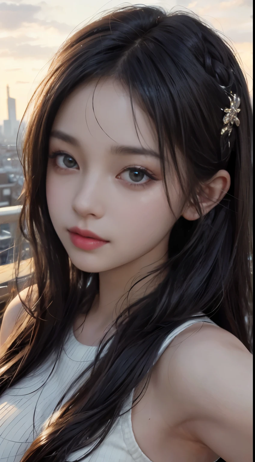 (Solo: 1.3), One girl taking a selfie in the best quality, capturing every realistic detail in a photorealistic masterpiece. With a very delicate and beautiful expression, she poses against a backdrop of the cityscape, her long hair cascading down her shoulders. The afternoon light bathes her face in a warm, fine detail, highlighting every texture and pore in ultra high definition. Wearing a thin, white summer knit, her bangs frame her face, and the long locks act as a contrast against the stark rooftop backdrop. The spectacular sky above is filled with fluffy clouds, adding a dreamlike quality to the selfie. High resolution textures complete