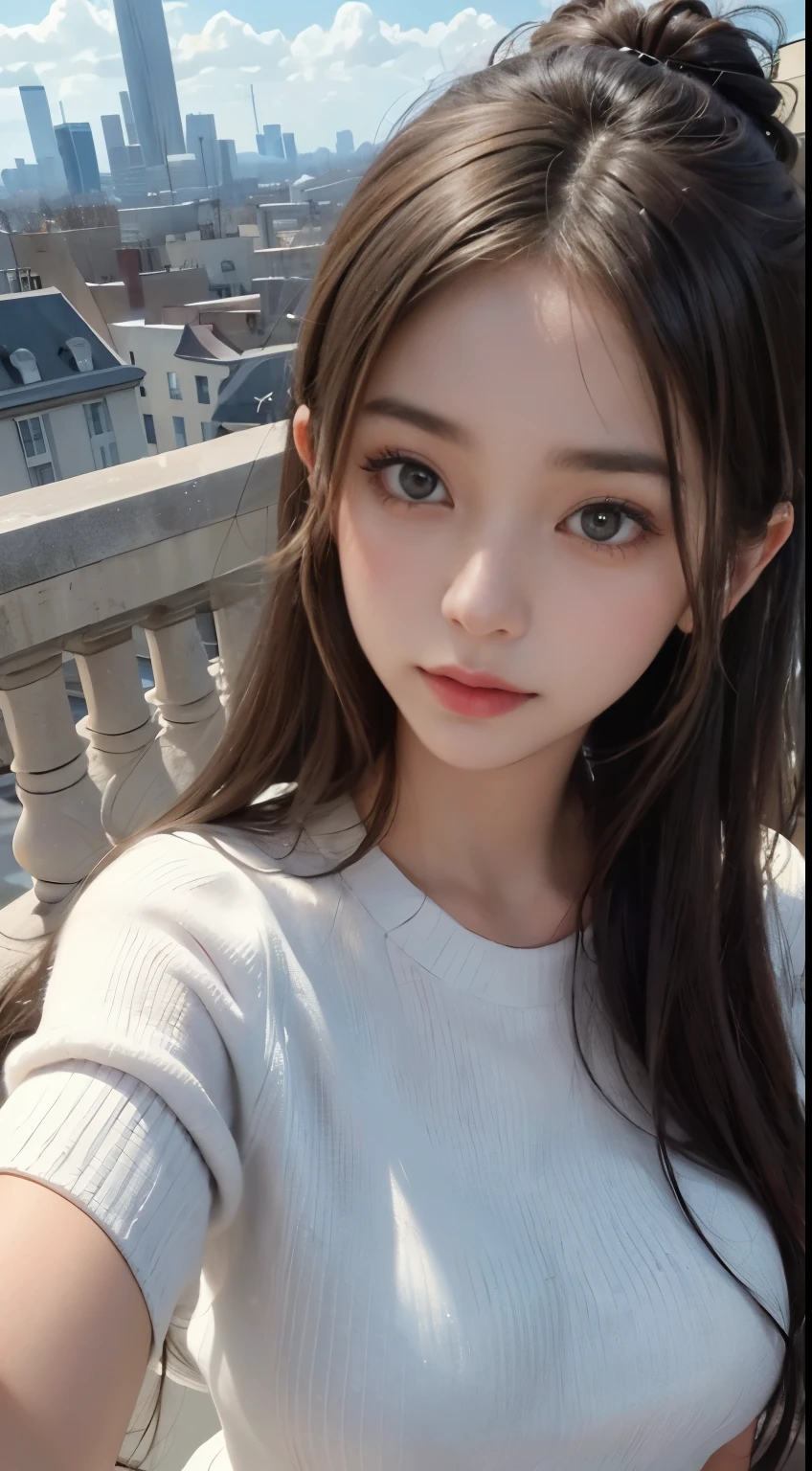 (Solo: 1.3), One girl taking a selfie in the best quality, capturing every realistic detail in a photorealistic masterpiece. With a very delicate and beautiful expression, she poses against a backdrop of the cityscape, her long hair cascading down her shoulders. The afternoon light bathes her face in a warm, fine detail, highlighting every texture and pore in ultra high definition. Wearing a thin, white summer knit, her bangs frame her face, and the long locks act as a contrast against the stark rooftop backdrop. The spectacular sky above is filled with fluffy clouds, adding a dreamlike quality to the selfie. High resolution textures complete