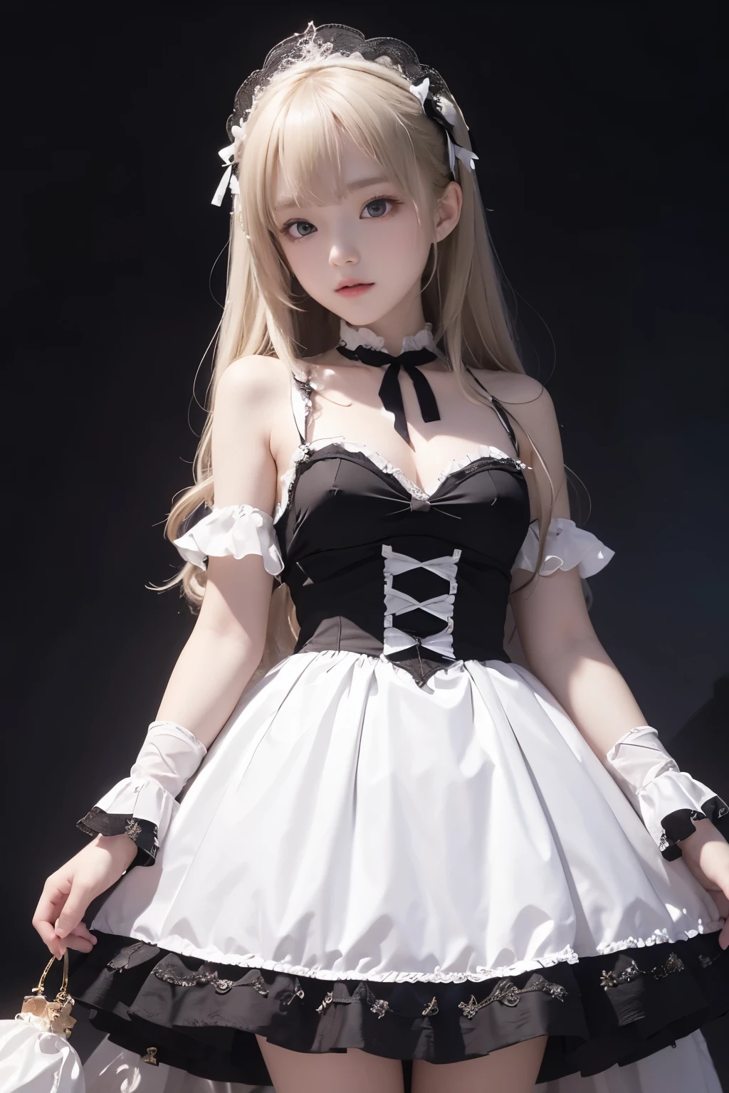 1 , (Highly detailed CG Unity 8k wallpaper), the most beautiful works of art in the world, Girl in Gothic Lolita dress, 10 year old girl, blonde, slim and young body, small breasts, white skin, Clothes with protruding shoulders,  with beautiful face, Wearing a Gothic Lolita dress, shine, Surrounded by fantastic light, dark purple dark background, fantastic background, looking at the viewer, cinematic lighting