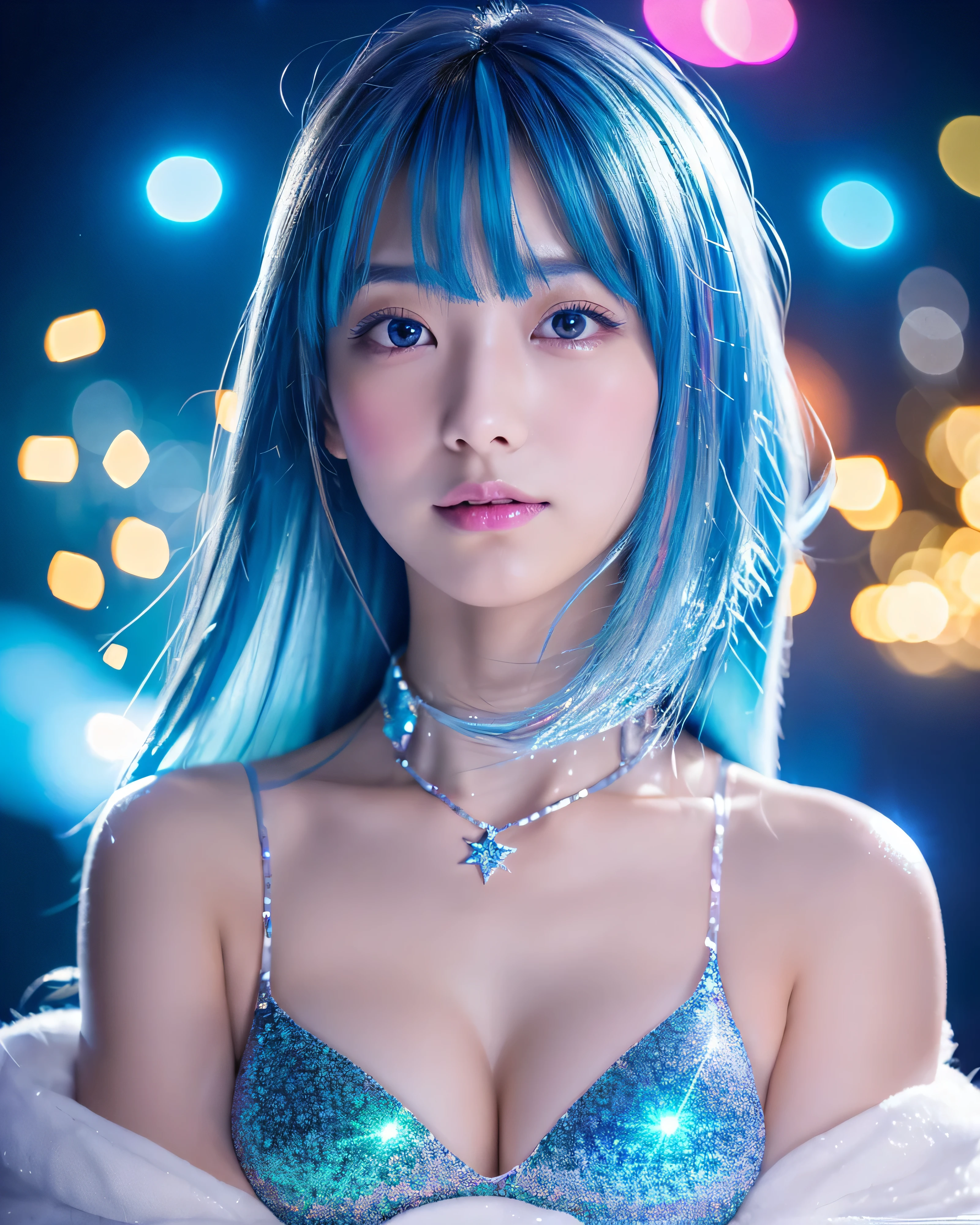 (highest quality, 8k, High resolution, masterpiece:1.5, ), beautiful japanese girl,, ((Ice blue hair)), Beautifully shining long straight hair, asymmetrical bangs, big magic eyes, A fleeting expression, profile, topless, Close-up shot from chest up, bust shot, smooth and soft skin, Detailed and perfect clavicle, High resolutionの美しい胸元, soft and plump breasts, ice world, ((Colorful lights shining like a starry sky:1.3)), Sparkling starry sky effect, professional lighting, professional photographer, Mysterious