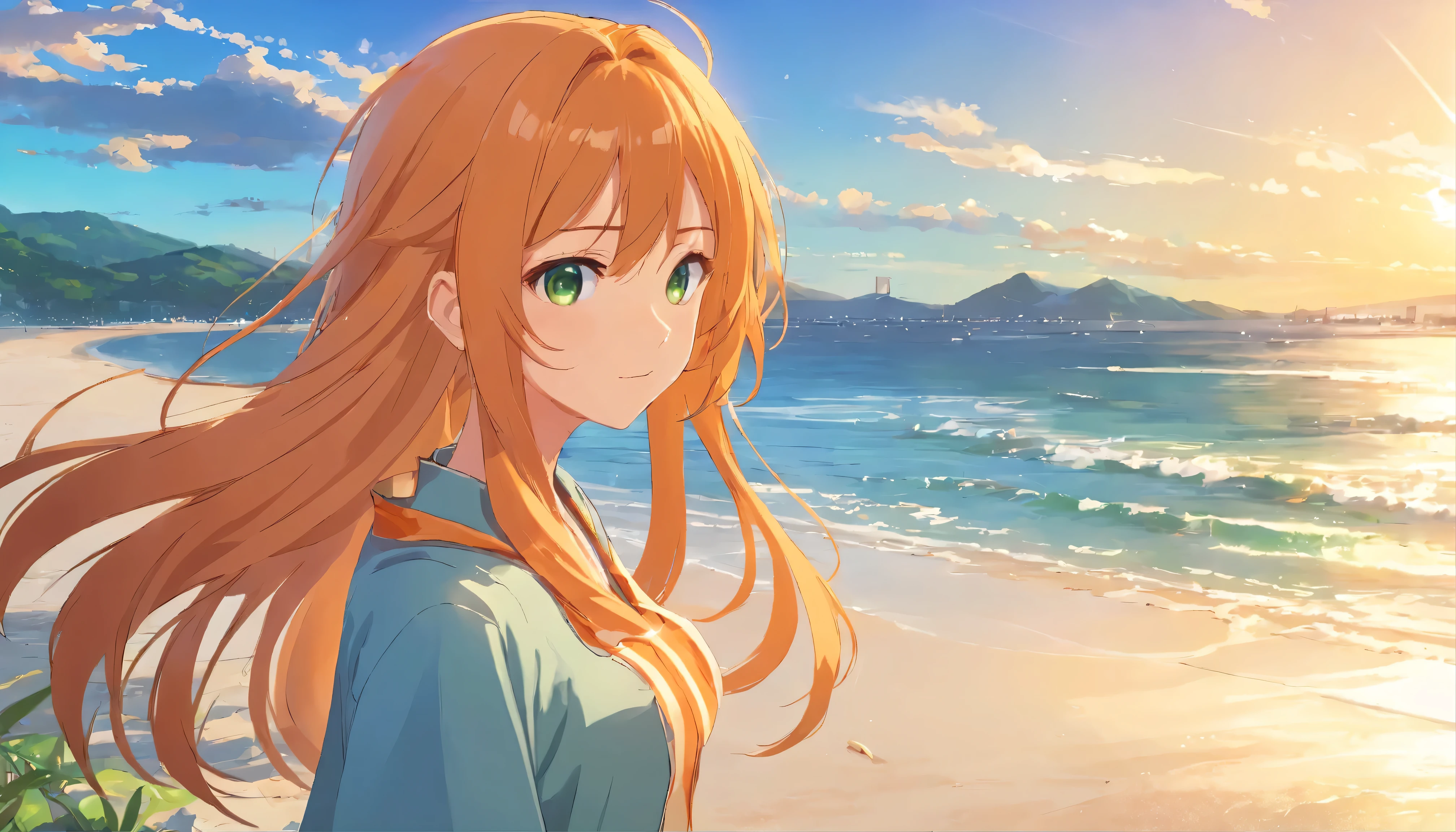 Anime girl with long orange hair, standing on the beach near the ocean, green eyes detailed digital anime art, Anime girl with long hair, гладкое аниме cg art, Anime girl with long hair, digital anime art, work in Guweiz style, Beautiful anime portrait, Photorealistic render of an anime girl, Beautiful anime girl, advanced digital anime art, guweiz на artstation pixiv HD UHD HQ
