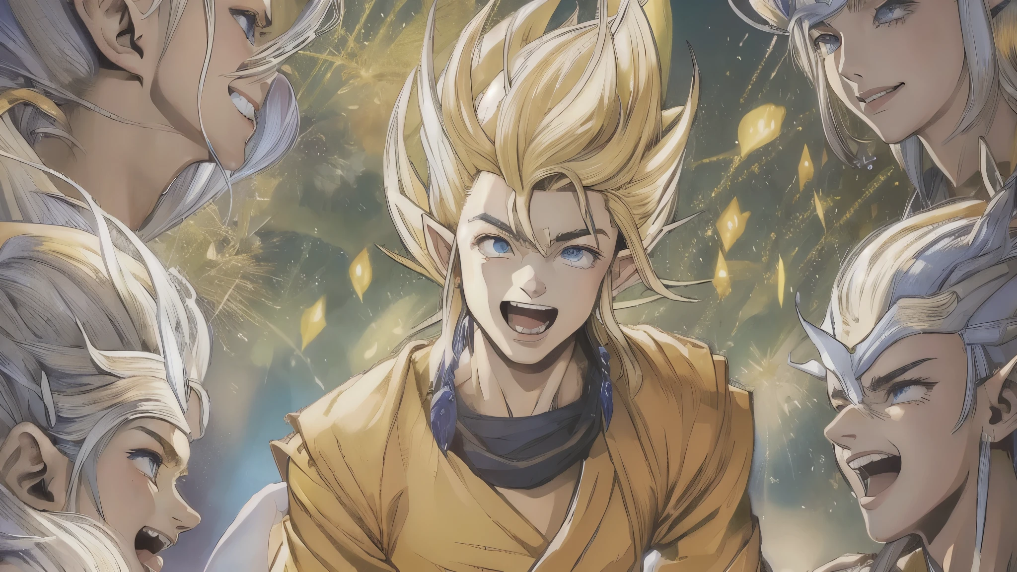 (master piece), 8k, best quality, elf boy, naïve, male, teenager, 14 years old, white skin, thin body, pointed elf ears, beautiful finely detailed silver eyes, high forehead, yellow blonde spiky hair like Gohan from the anime dragon ball (super sayajin), Incredibly handsome, conservative elven outfit, laughing, happy, celebrating victory, excited
