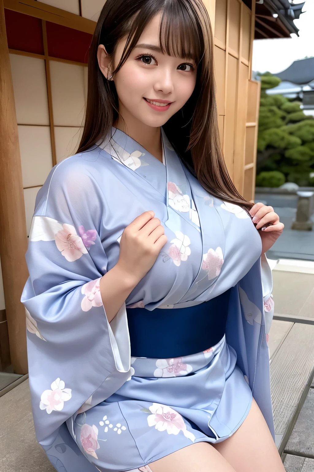 (masterpiece:1.3), High resolution, Super detailed, Highly detailed CG Unity 8k wallpaper, realistic, photo-realistic, RAW photo, beautiful and detailed face, white skin, realistic glistening skin, fine fabric texture, detailed hair texture, perfect body, beautiful face, Accurate, anatomically correct, Highly detailed face and skin texture, natural neck length, (beautiful hands), (Fair skin:1.2), thin legs, thin legs, Beautiful teeth all over the body、plump thighs、I can see your thighs、Kimono length is short、calf、
fine eyes, symmetrical eyes, light brown eyes, double eyelid, (glossy lips:1.4), ((smile gently:1.2)), (blush:1.1)
Low - Angle、Projection from below、
(very cute girl:1.3), ((Wearing a cute high-class yukata with a floral pattern:1.3)),
big breasts、plump breasts, (slender body shape:1.1)
((asymmetrical bangs:1.2)), shortcut
((elegant posture:1.3)),
((On a wide overnight ride in Kyoto:1.4)),looking at the viewer