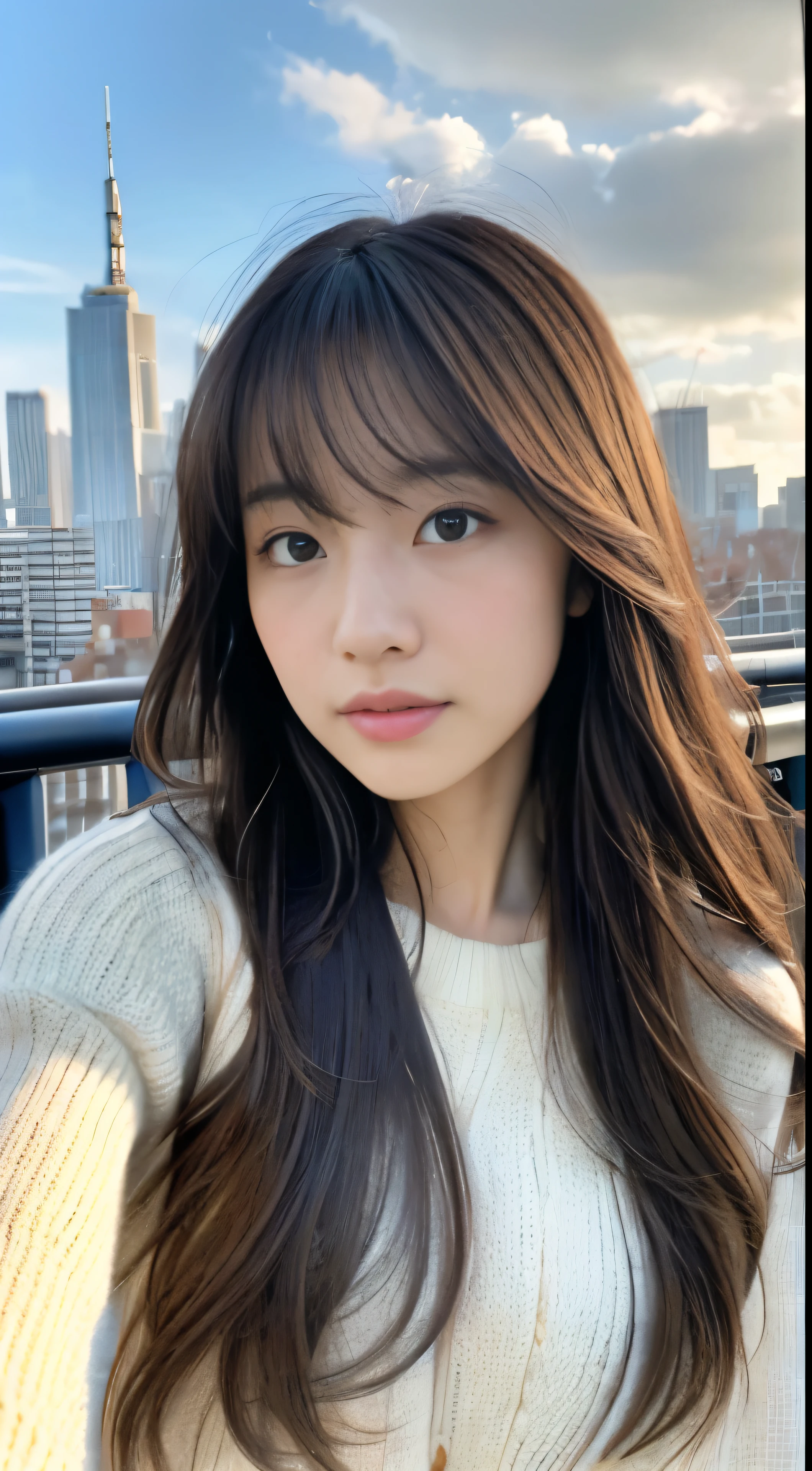 (solo:1.3)、1 girl takes selfie in best quality、Captures every realistic detail of your photorealistic masterpiece。Very delicate and beautiful look、She is posing with her long hair flowing over her shoulders with the cityscape in the background.。The afternoon light illuminates her face in warm, delicate detail.、Highlights every texture and pore in ultra-high definition。Wearing a thin white summer knit、Bangs frame the face、Her long hair contrasts with the bleak rooftop background.。The magnificent sky overhead is full of fluffy clouds.、Adds a dreamy quality to your selfies。High resolution texture completed