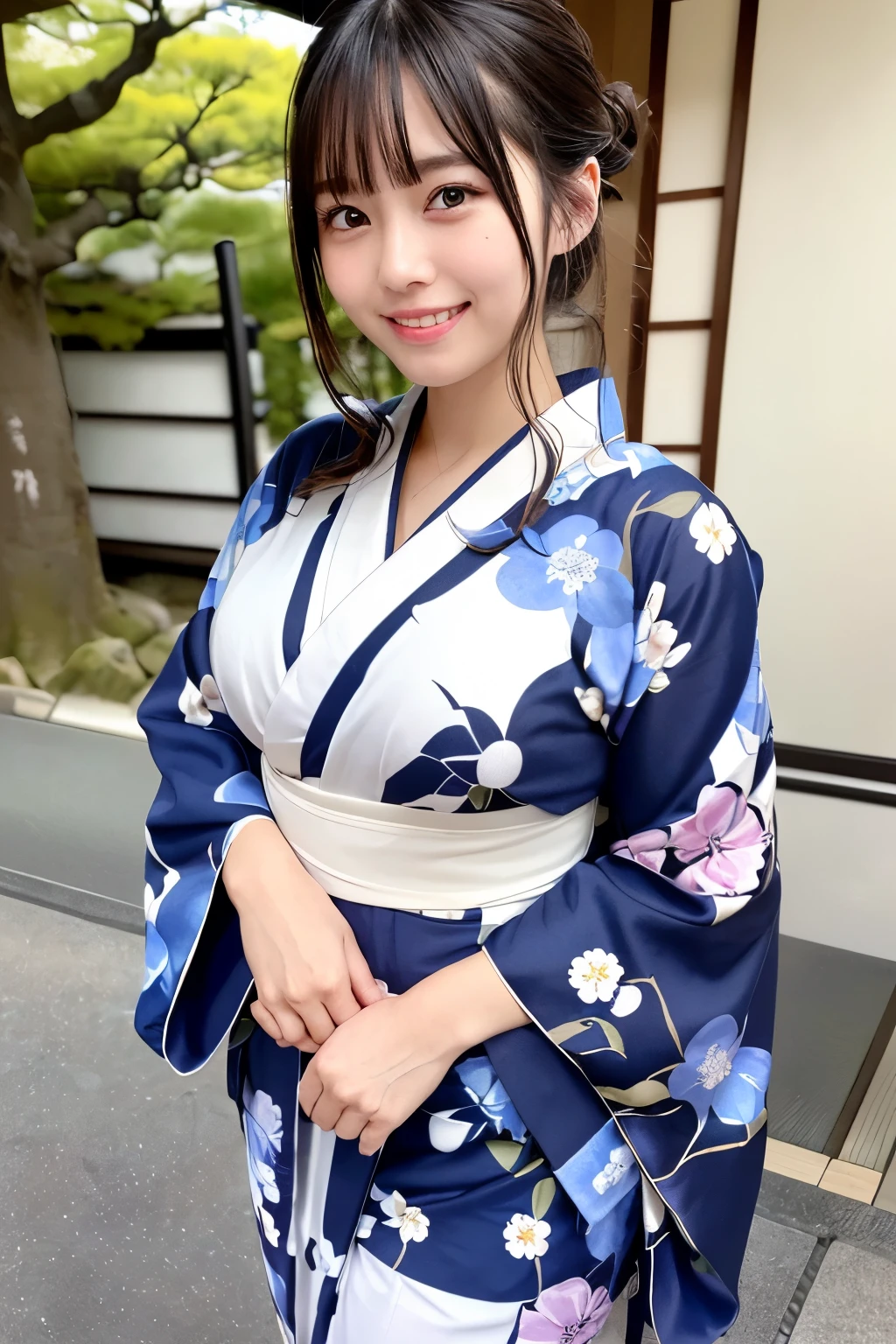 (masterpiece:1.3), High resolution, Super detailed, Highly detailed CG Unity 8k wallpaper, realistic, photo-realistic, RAW photo, beautiful and detailed face, white skin, realistic glistening skin, fine fabric texture, detailed hair texture, perfect body, beautiful face, Accurate, anatomically correct, Highly detailed face and skin texture, natural neck length, (beautiful hands), (Fair skin:1.2), thin legs, thin legs, Beautiful teeth all over the body、plump thighs、I can see your thighs、Kimono length is short、calf、
fine eyes, symmetrical eyes, light brown eyes, double eyelid, (glossy lips:1.4), ((smile gently:1.2)), (blush:1.1)
Low - Angle、Projection from below、
(very cute girl:1.3), ((Wearing a cute high-class yukata with a floral pattern:1.3)), 
big breasts、plump breasts, (slender body shape:1.1)
((asymmetrical bangs:1.2)), shortcut
((elegant posture:1.3)), 
((On a wide overnight ride in Kyoto:1.4)),looking at the viewer