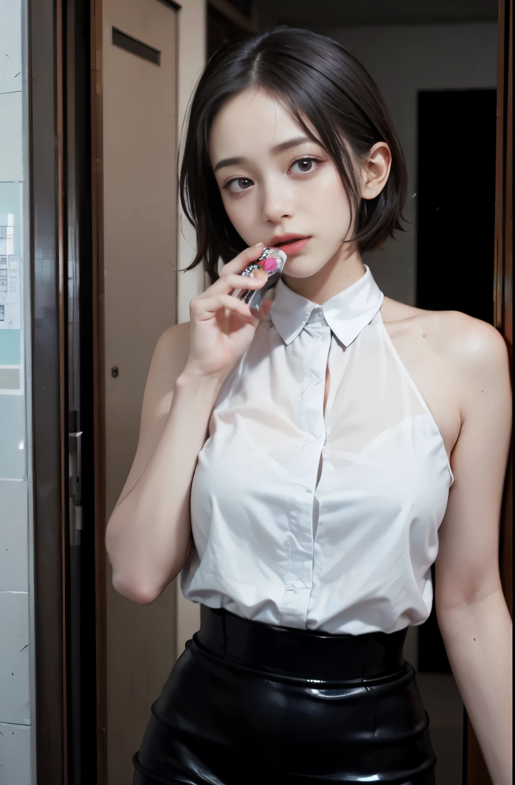 masterpiece, 1 beautiful girl, detailed, Swollen eyes, Highest quality, 超High resolution, (reality: 1.4), Original photo, One girl, Cinema Lighting, smile, Japanese, Asian Beauty, Korean, clean, so beautiful, Small young face, Beautiful Skin, thin, Cyberpunk Background, (Ultra-realistic), (High resolution), (8k), (非常にdetailed), (Best illustrations), (Beautiful and detailed eyes), (非常にdetailedな), (wallpaper), (detailedな顔), Viewers are watching, The finer details, detailedな顔, Pure Erotic Face Ace_v1, smile, 46 point diagonal bangs, Look straight ahead, Dress neatly, Dark Eyes, Sleeveless clothing, Body facing forward,