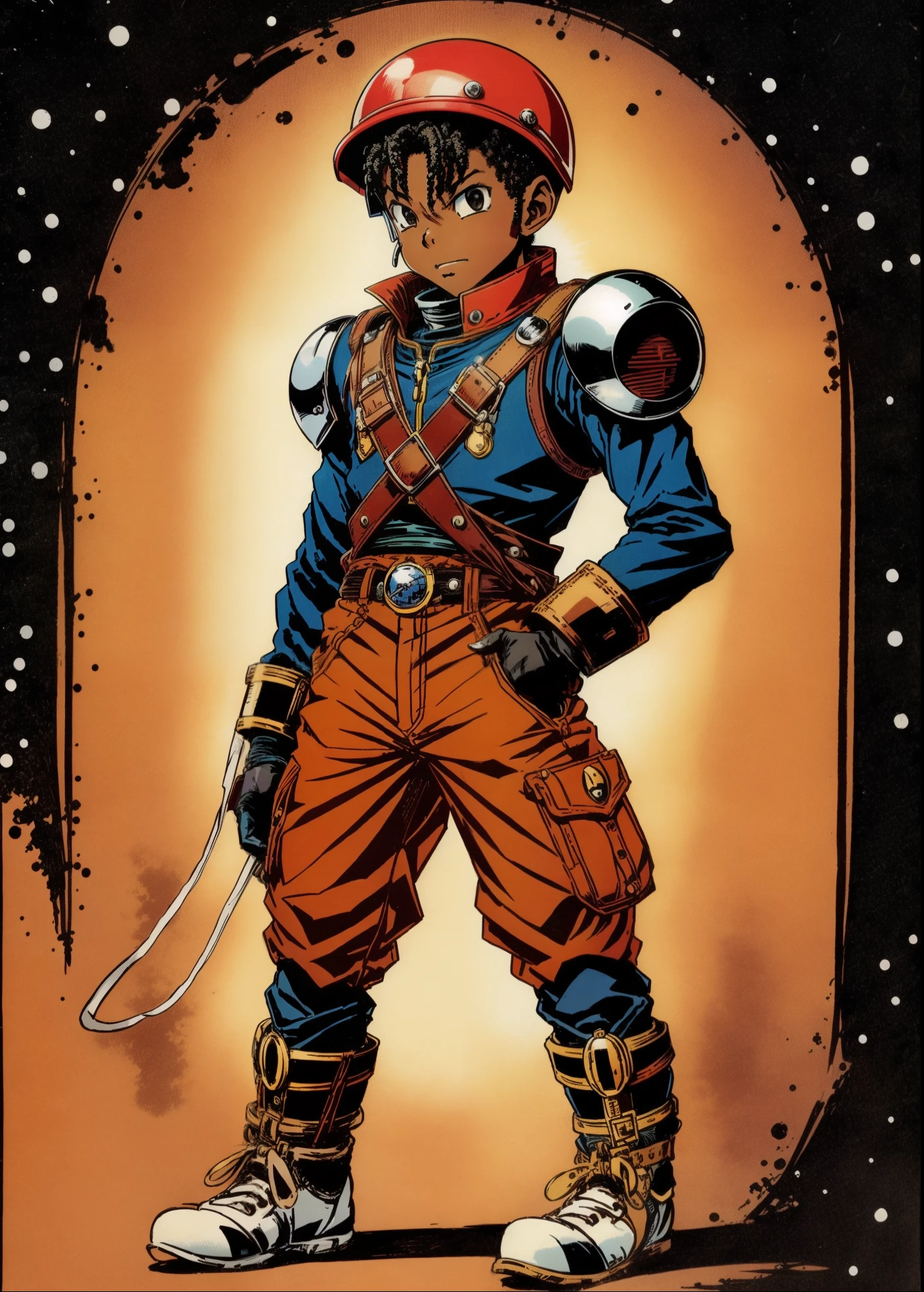 black young man, drawing by Akira Toriyama, chrono trigger anime style, vintage steam clothes, iron rust helmet, 90s anime style. 8K resolution, highly detailed.