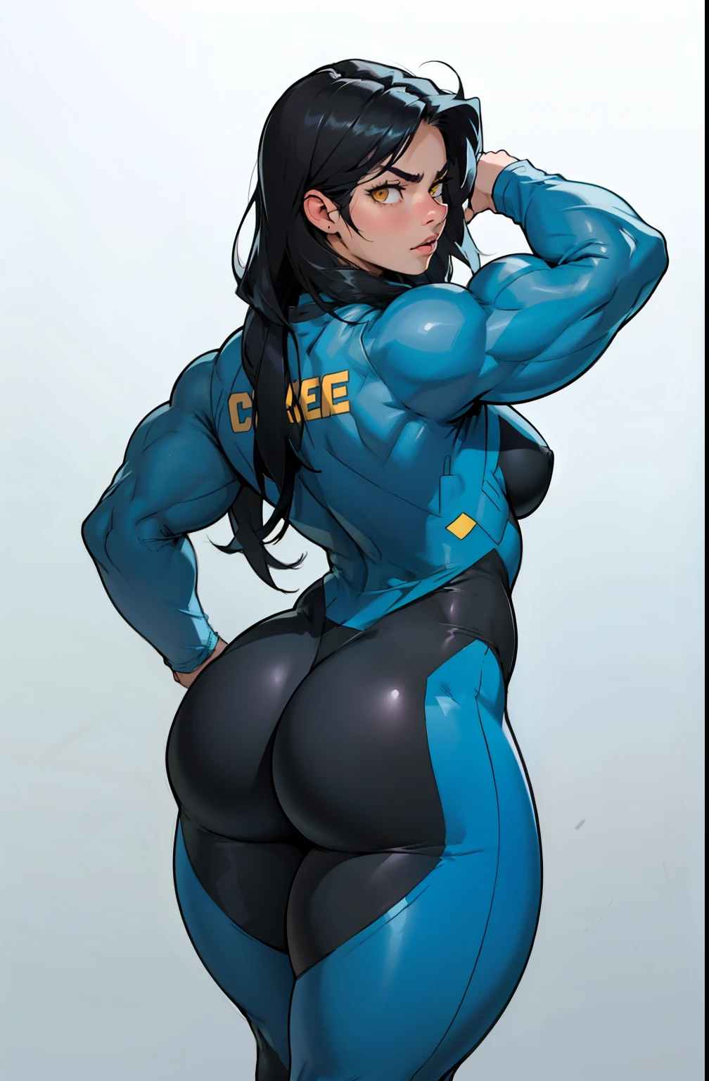 best quality (((((girl muscular thick thighs))))) (full bodysuit cowboy-shot from behind from above) pale skin black hair yellow eyes very long hair angry big ass