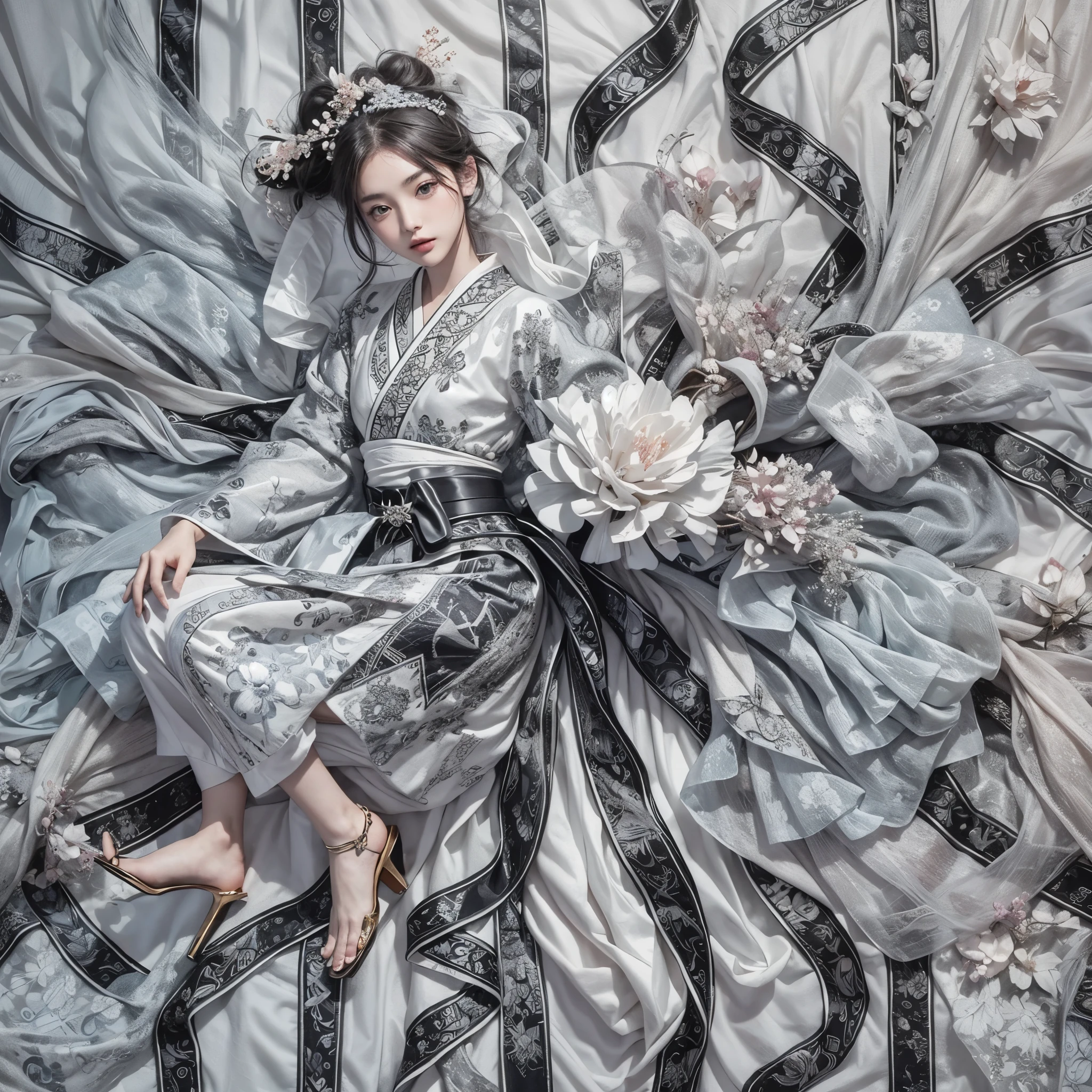 (Realistic:1.2), (8k,masterpiece,best Quality), (fog and mist Blurred background, Perfect and beautiful concrete background:1.4), (Inorganic and nostalgic white lighting:1.4),
//Character
BREAK
1girl, cute ig model, cute model, 22 years old, Tightened all body, (small head, small face:1.2), small mouth, small nose, Sharp Faceline, dropy eyes, Double eyelid, Light color eyes, Glossy eyes, Shiny eyes, Shiny skin, shiny hair, Teeth, Glossy Lips, beautiful Teeth, perfect beautiful fingers and legs,
BREAK Intricately Layered Monochrome Kimono Ensemble with Elaborate Ribbon Details,
Craft a sophisticated ensemble with a complex structure, featuring intricate layers of kimono fabric and elaborate ribbon details,
Layer the kimono with multiple underskirts, each adorned with cascading ribbons in varying widths and textures, creating depth and visual interest,
BREAK
Integrate ribbon accents into the kimono’s design, weaving them through the fabric to create geometric patterns or floral motifs that enhance the overall aesthetic,
Embellish the sleeves, collar, and hemline with oversized bows and ribbon rosettes, adding a touch of whimsy and femininity to the ensemble,
BREAK
Accessorize with a wide obi belt cinched at the waist, featuring ribbon-covered buckles or intricate knotwork for added embellishment,
Complete the ensemble with traditional wooden geta sandals or modern platform heels in coordinating black or white tones,
BREAK