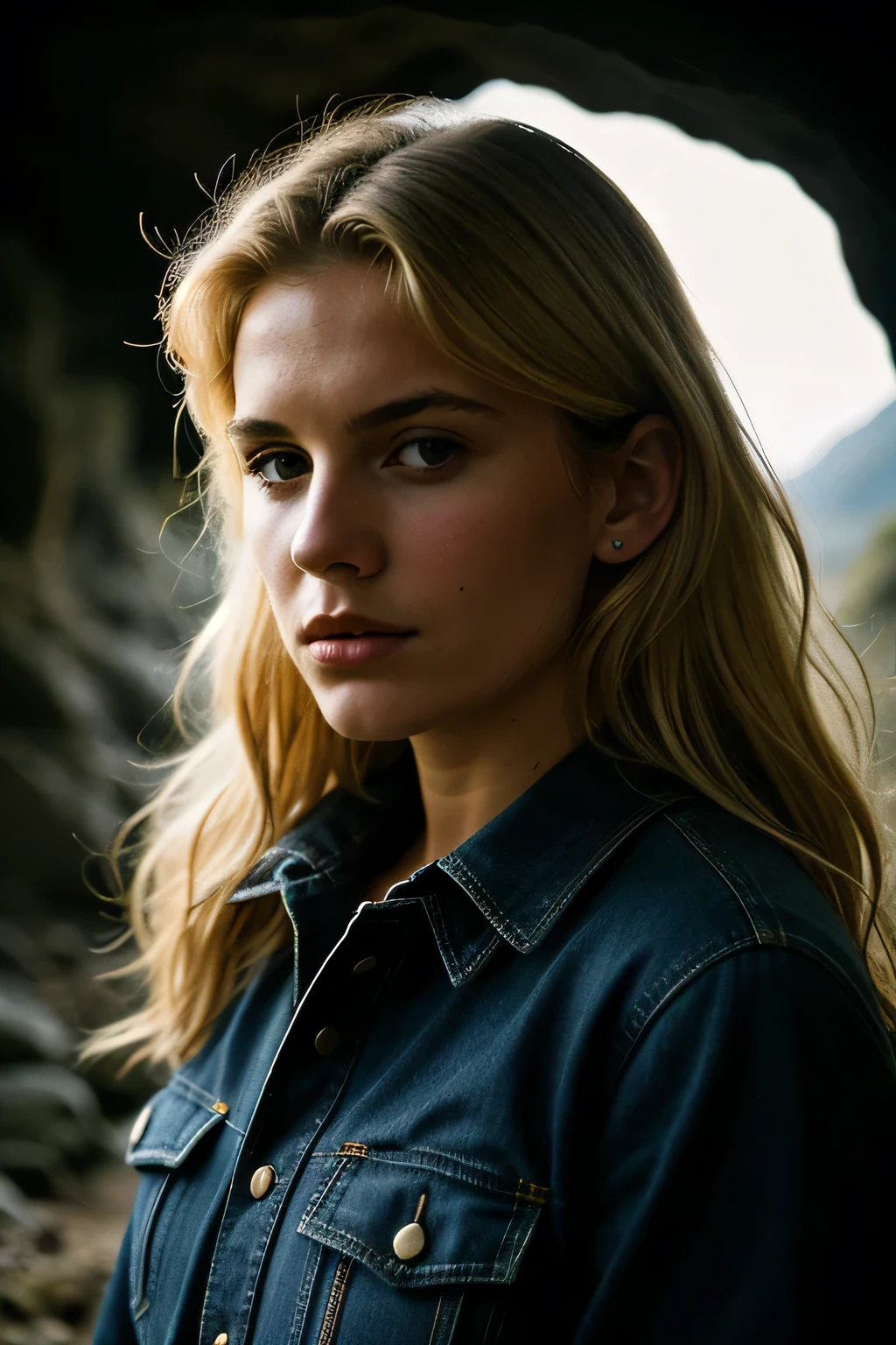 Photograph of a woman, (worried expression), textured leather, goosebumps, blonde with afro hair, plaid flannel shirt with distressed boyfriend jeans, cowboy shot, a dark and mysterious cave with unique rock formations and hidden wonders, Perfect eyes, (by candlelight,chiaroscuro), Holder for 160 flowers., filmed on ARRI ALEXA 65, hips, sharp focus on the subject, shot by Don McCullin