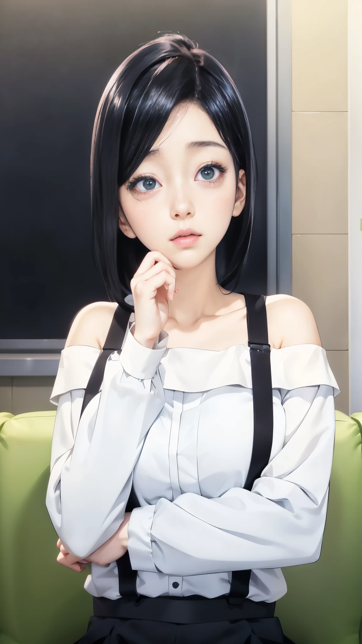 The Masterpiece、(photorealestic:1.4)、best qualiy、beautiful lighting、(ulzzang-6500:0.5)、Makima \(chainsawman\)、(Bob hair)+(blackhair)+(bangs)、blue eye、blue eye、((Ring-shaped eyes))、(Pink Shirt)、(flare skirt)、RAW Photography、8k UHD、film grains