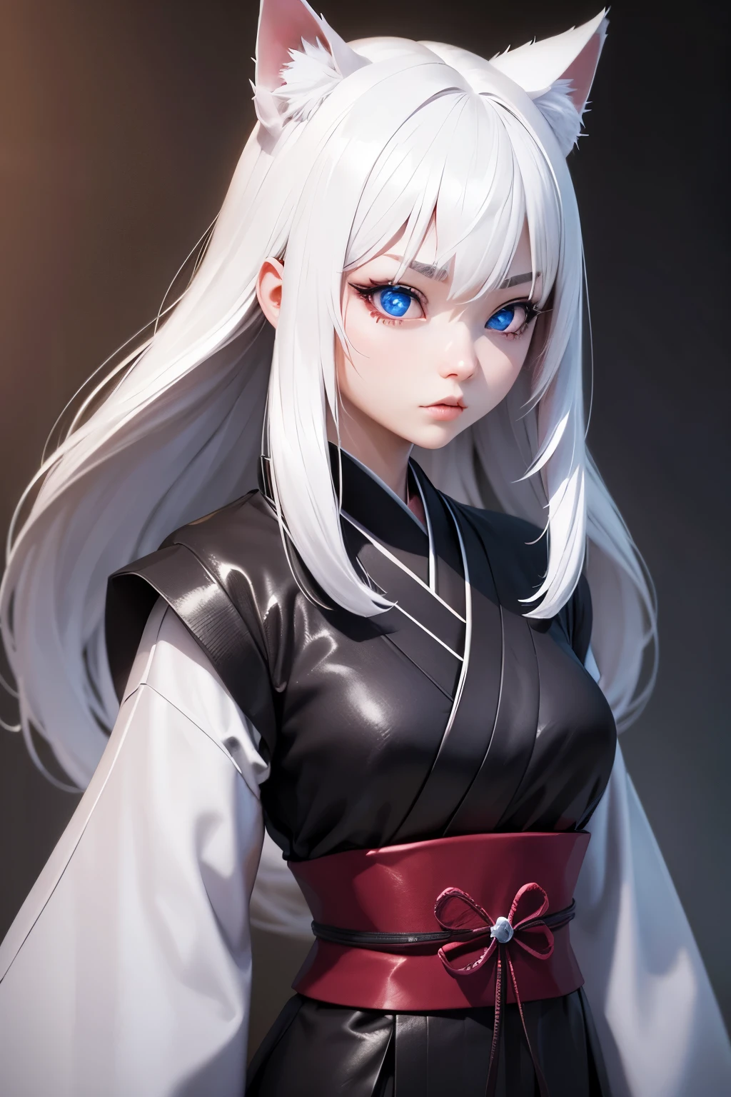 Japanese Evil dark girl Darkening girl, with straight white hair and blue eyes, with cat ears, realistic 3D