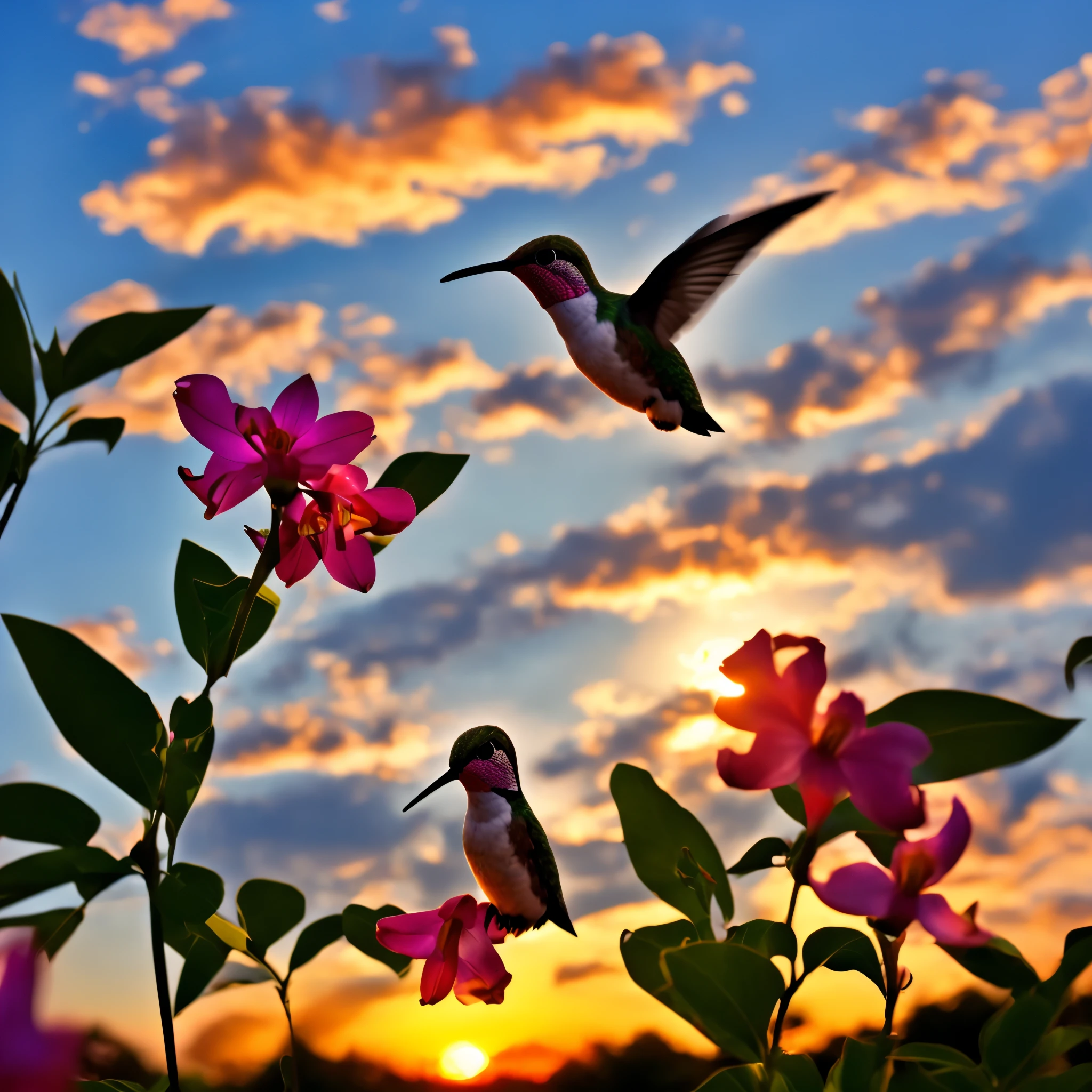 (focus at a hummingbird),flower,garden,majestic,sunset