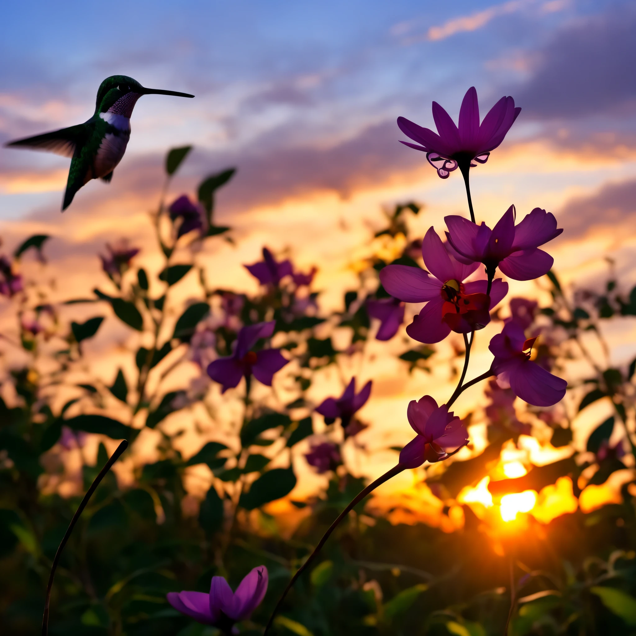 (focus at a hummingbird),flower,garden,majestic,sunset