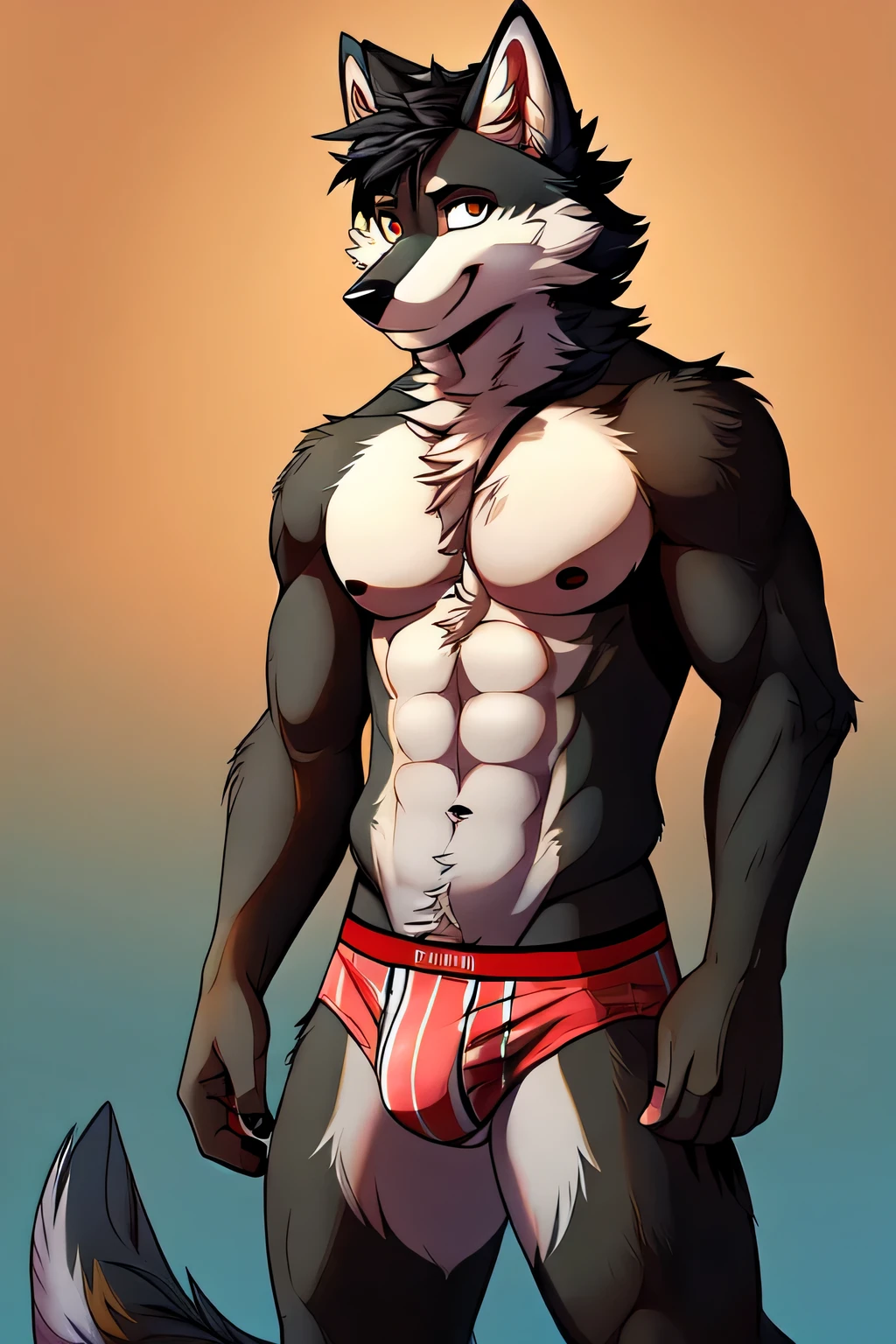 furry animal anthropomorphic wolf shirtless alone in underwear simple digital art 
