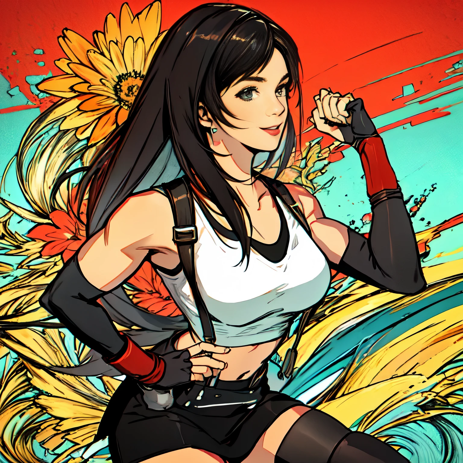 (best quality, 8k, 32k, masterpiece, UHD:1.2), highres, sharp focus, detailed outfit, beautiful detailed hair, delicate details, 1 girl, tifa lockhart, 7rtifa, black hair, long hair, straight hair, bangs, large breasts, thigh highs, white crop top, black skirt, suspender skirt, gloves, elbow gloves, red shoes, upper body, abstract background, flowers, colorful, 