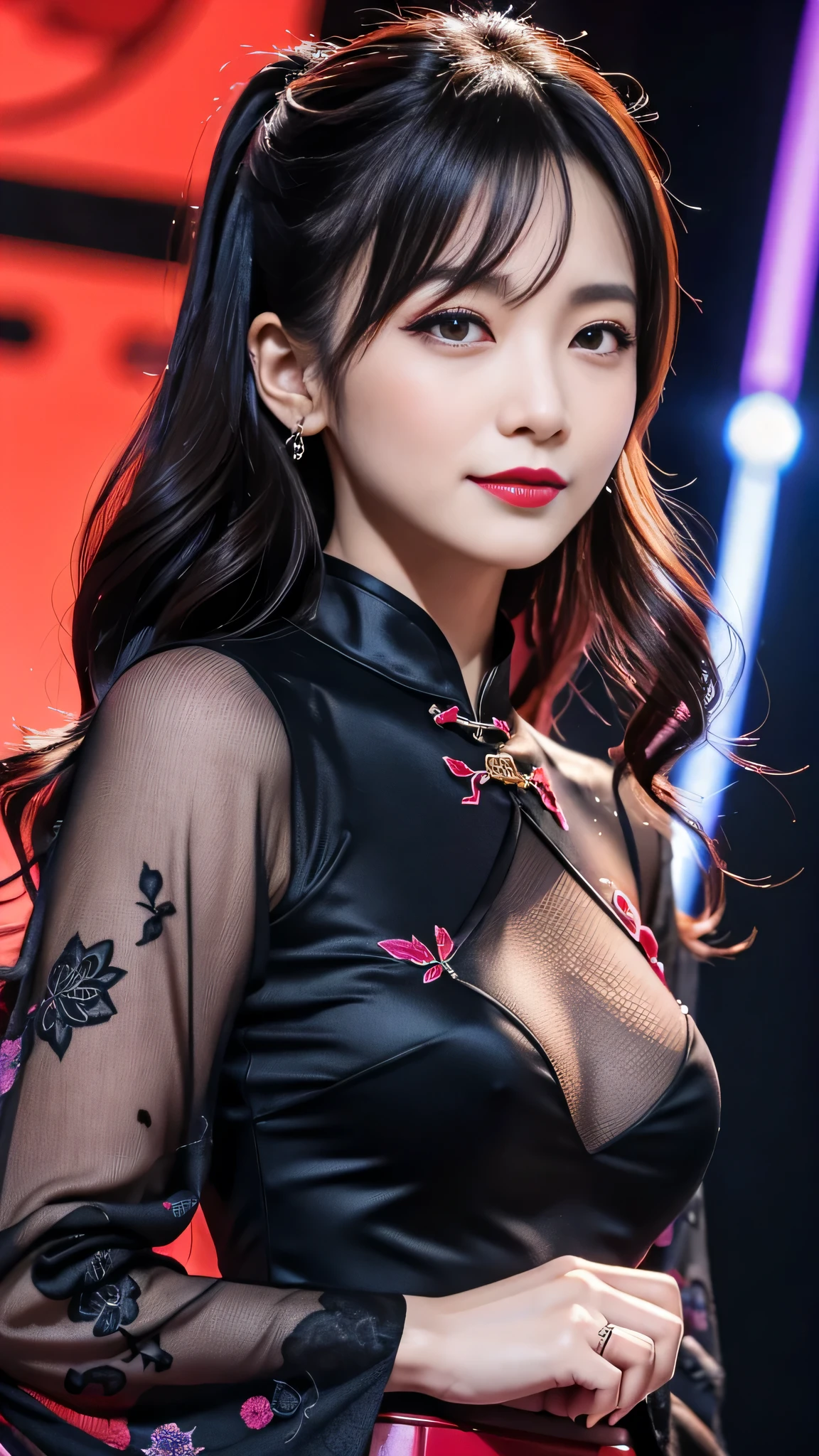 Super detailed、Japanese、charming beauty、seductive adult woman、Beautiful woman、sharp eyes、cool girl、wavy hair、long black cheongsam、wide sleeve、evilの幹部、evil depravity、brainwashing、Mind control、apply lipstick、grin、evilな表情、evil、empty eyes、evil、stage、vampire、Hypnosia makeup brush