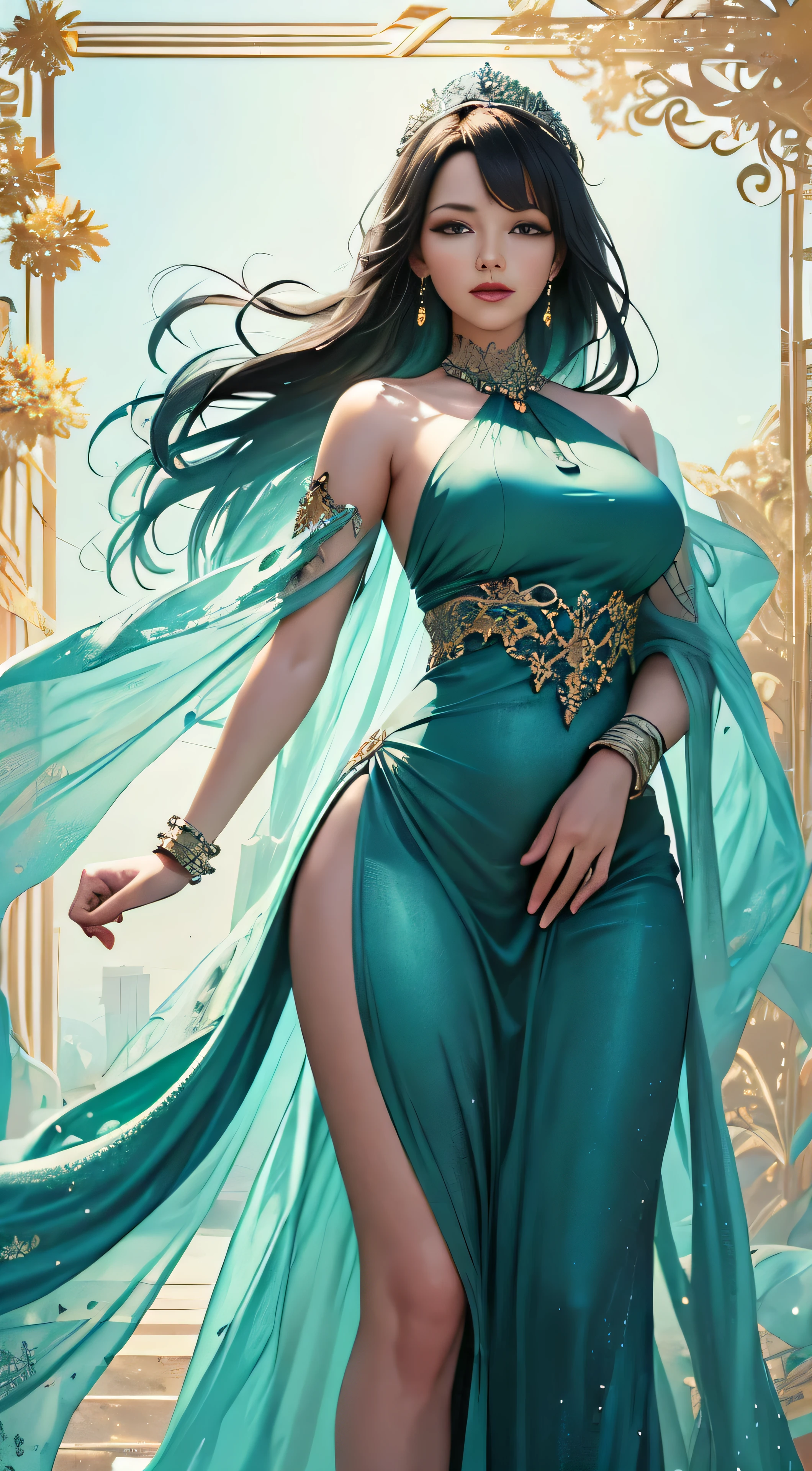 (Masterpiece, Top Quality, Best Quality, Official Art, Beautiful and Aesthetic: 1.2), (1 woman), Extremely Detailed, Vibrant Colors, Highest Detailed, Offical Art, Unity 8k Wallpaper, Ultra-Detailed, Beautiful and Aesthetic, Blue Dress, Long Green Scarf,

The woman in the painting is dressed in a stunning blue gown, the hue of which radiates a soothing calm. The fabric of the dress flows harmoniously with the gentle curves of her figure, and the long green scarf draped around her neck adds an intriguing contrast. Her visage is that of a beautiful fantasy empress