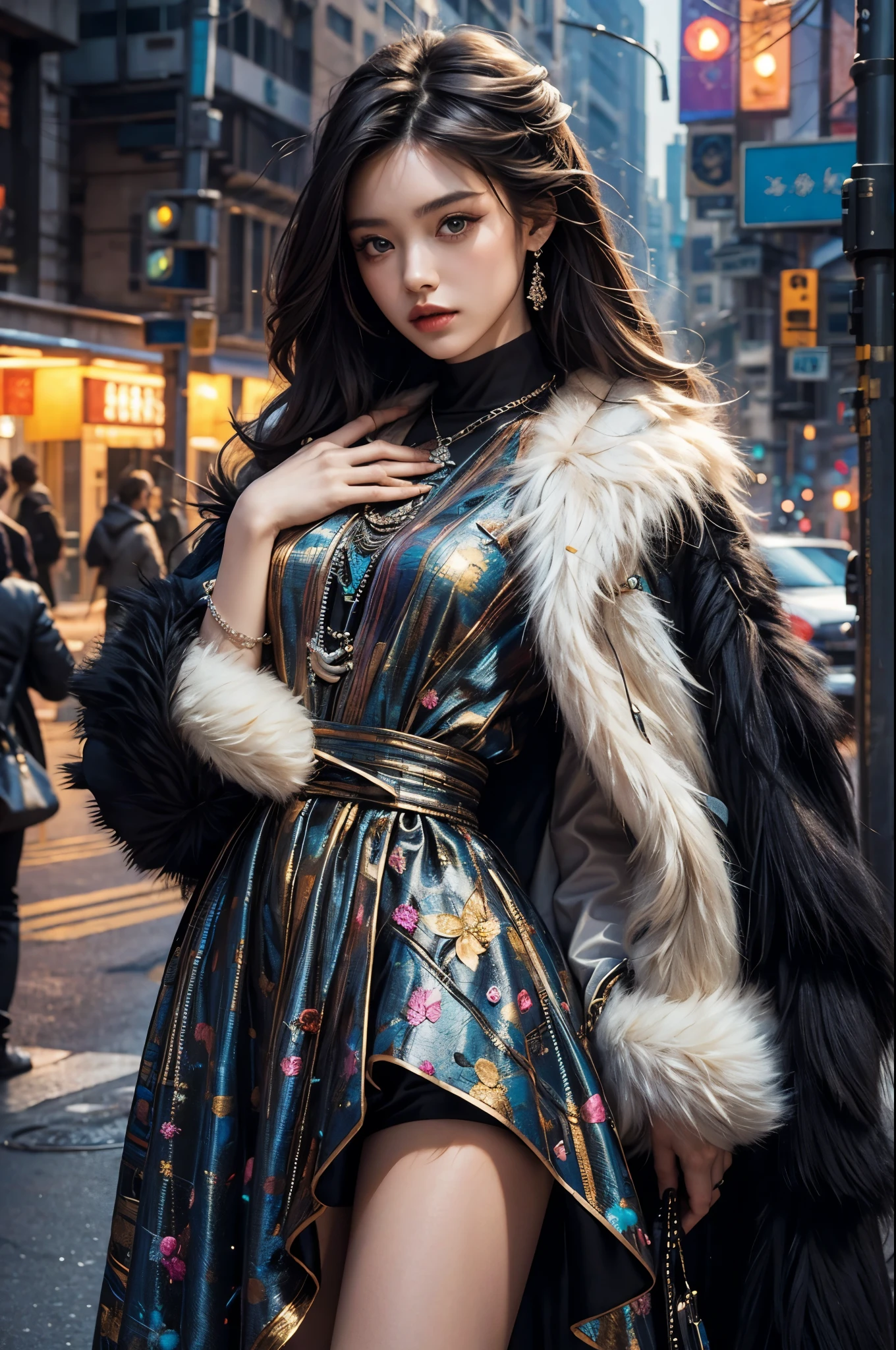 embedded:E-GM\E-garland_Blackee is、Wearing colorful dresses and fur coats、A girl with a normal waist posing for a photo looking at the viewer, Attaching Edge TM_style fashion, eccentric clothing, 16k, Awards, 最high quality, high quality, High resolution, masterpiece, Super detailed, photography style, photorealism style, hyperrealism style, hyper maximalist, fashion photography, attractive photos, embedded:positive\epi photo,