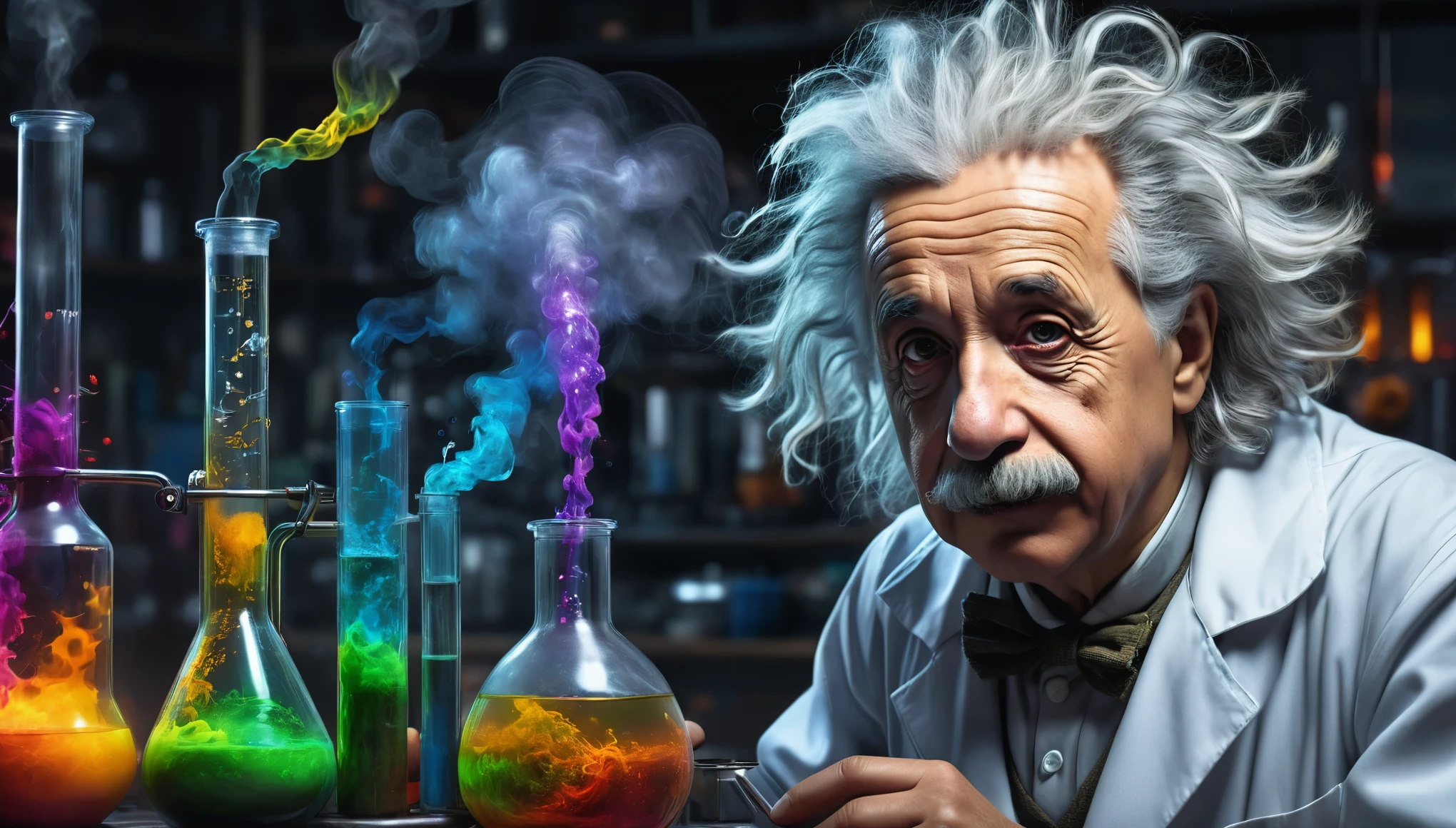 create an image demonstrating the style of ((Mad Scientist)) style using Albert Einstein, hyper realistic, 8k, vibrant colors, sharp crisp image