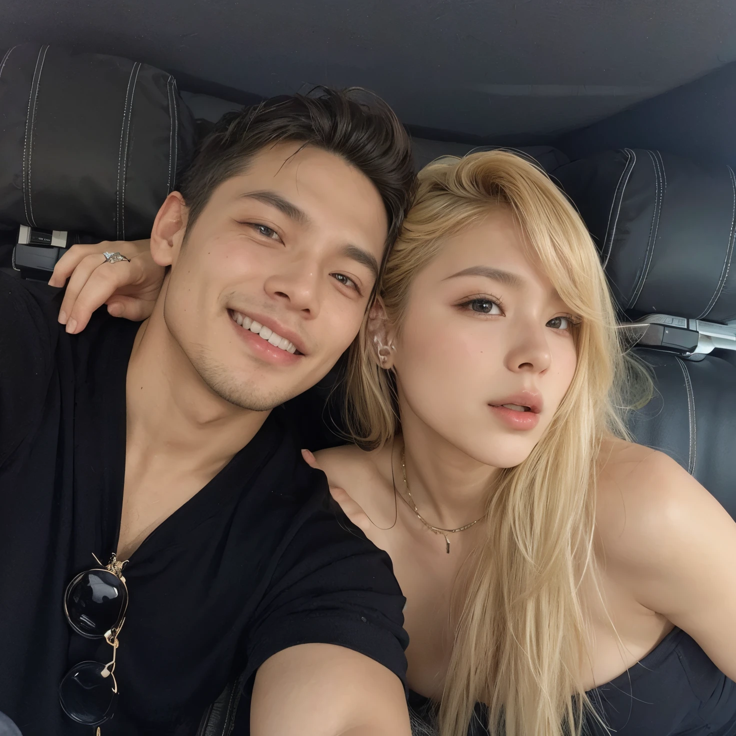 Asiaticos, coreanos, loira fazendo biquinho, cabelos loiros, cabelo claro, homem cabelo preto, sorriso do homem