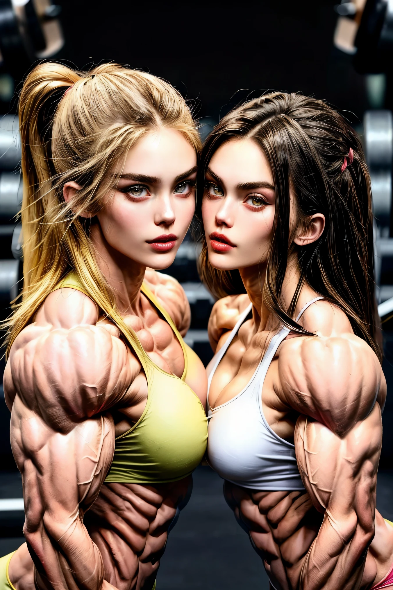 (2 girls body builders:1.6), ((masterpiece)), best quality, ultra-detailed:1.7, finely detail, high resolution:1.6, perfect dynamic composition, beautiful detailed faces:1.77, blonde babes:1.88, perfect red lipstick, perfect makeup:1.8, short denim bikini , large breasts:1.4, lovely look:1.7, gorgeous face:1.6, defined muscles:1.4, beautiful faces:1.8, alessandra ambrossio, izabel goulart, Kate Upton, Gigi Hadid, candice swanpoel ,popped out dense veins on muscles:1.8, hyper detailed picture:1.4, 8k resolution: 1.7, flex muscles:1.3, hyper muscular body shape:1.42, photorealistic:1.5, realistic:1.6, face masterpiece:1.74, good and professional lighting on picture:1.38, Ukrainian-Spanish muscle beauty goddess, masterpiece 24 years old Izabel Goulart and Yael Shelbia as bodybuilders, extremely high resolution, hyper feminine beauty , hyper realistic texture, hyper muscularity, hyper vascularity, ass of titanium, muscles of steel, ripped body shape, ripped sexy ass with bikini, muscular ass , topless, kissing, good face details, hyper face detailing, doing sex, super romantic moment, hyper romantic, romantic kiss, nude females, perfect symmetrical face, sexy french kiss with tongues, serious muscle posing, serious female bodybuilders, super muscular breasts, perfect exaggerated feminine physique 