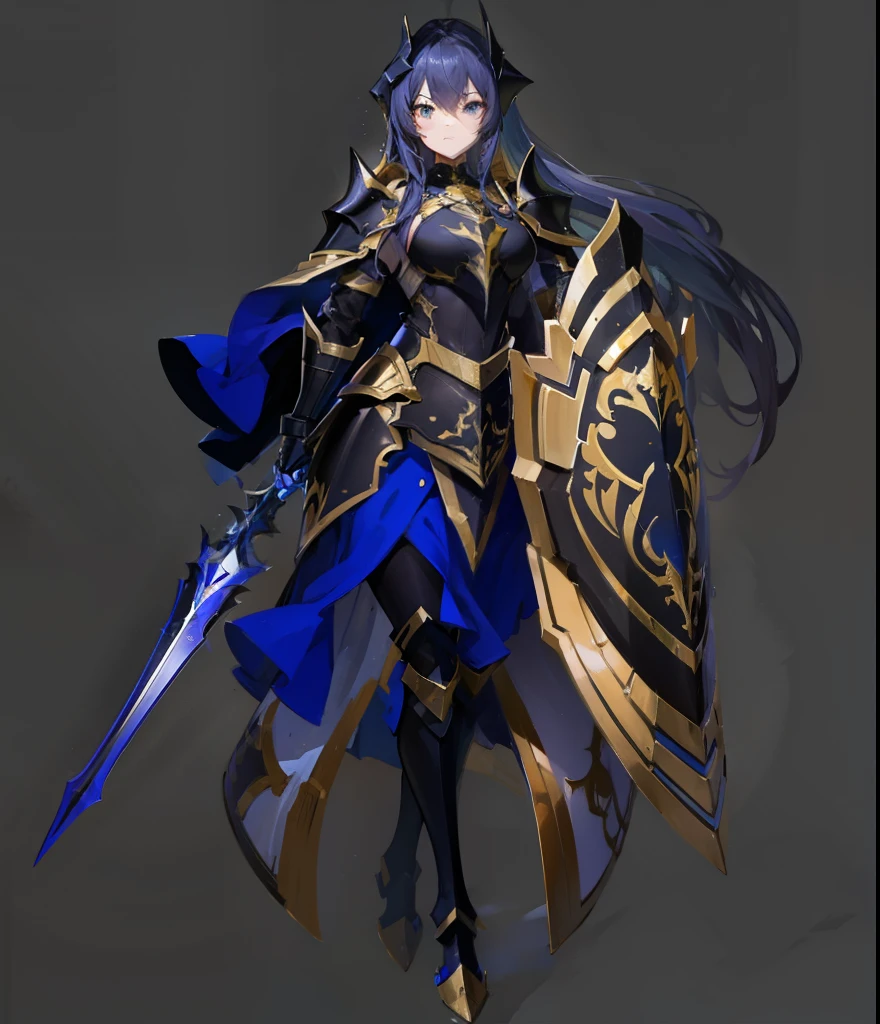 female paladin, black and gold armor, long hair