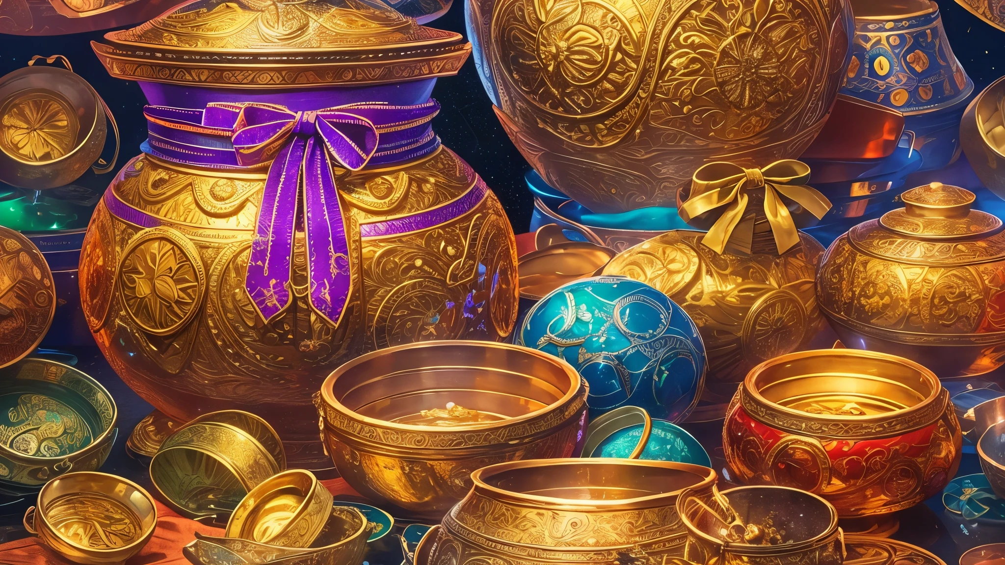 best quality, realistic, vibrant colors, golden pot, shiny gold coins, overflowing treasure, intricately textured bag, tightly tied, shimmering ribbon, magical glow, mystical atmosphere, exquisite details, professional artwork, vibrant lighting, vivid colors, sparkling reflections