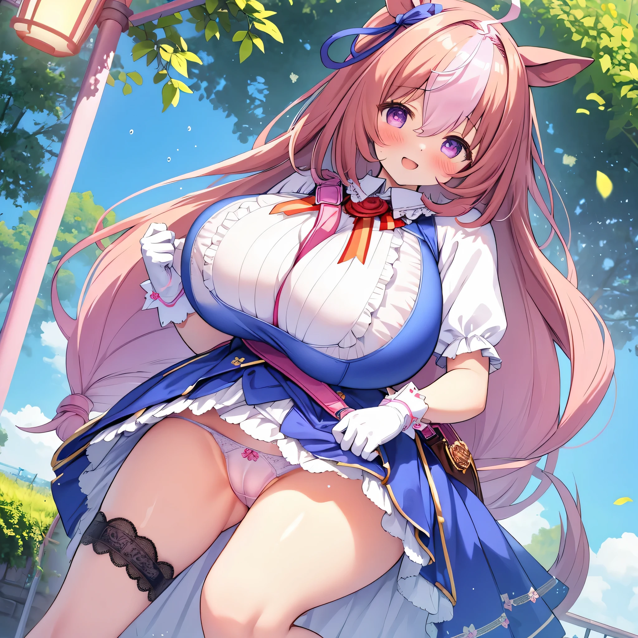 masterpiece, highest quality, 1 girl, small ,young mayshoudou, blue skirt, shirt, horse tail, blue clothes, blue ear ribbon, ribbon, white legwear, frilled shirt collar, white gloves, pink hair band, Shoulder bag,smile,blush,sit with legs apart,lace panties,(huge breasts:1.8),show crotch,Panties are transparent、my panties get wet、large amount of love juice、Mushy white love juice、My clothes are transparent、nipple、pussy