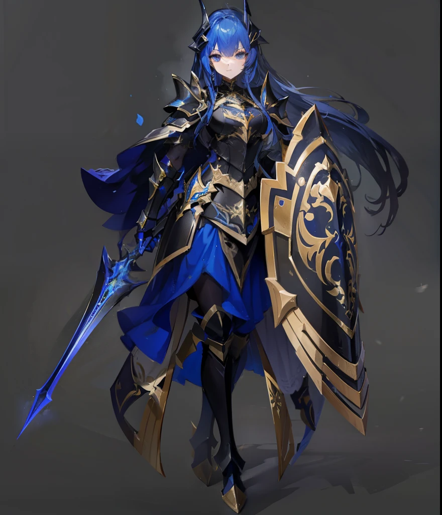 female paladin, black and gold armor, long hair, horns, blue scales